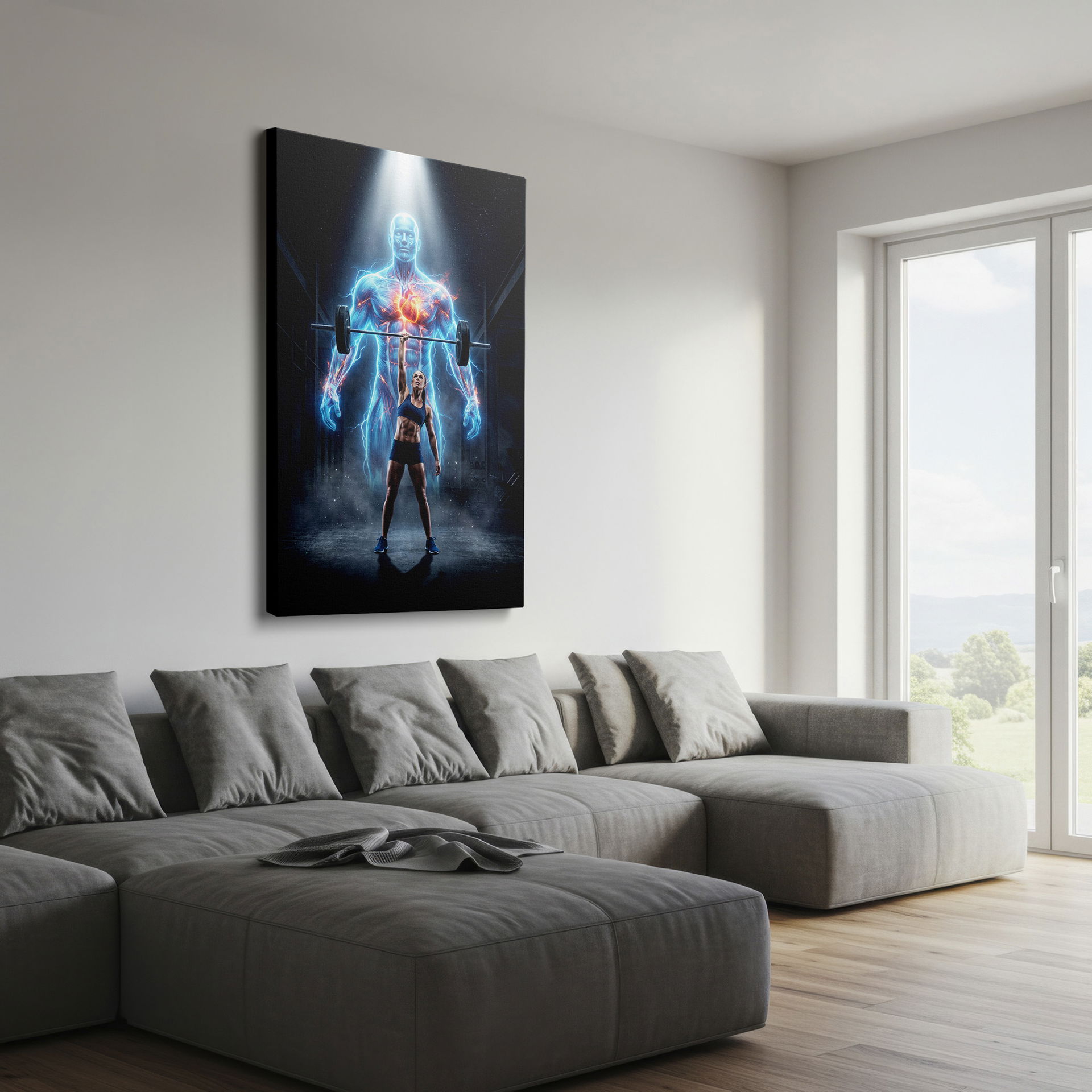 Woman's strength depicted in this muscle endurance illustration, a striking wrapped canvas.