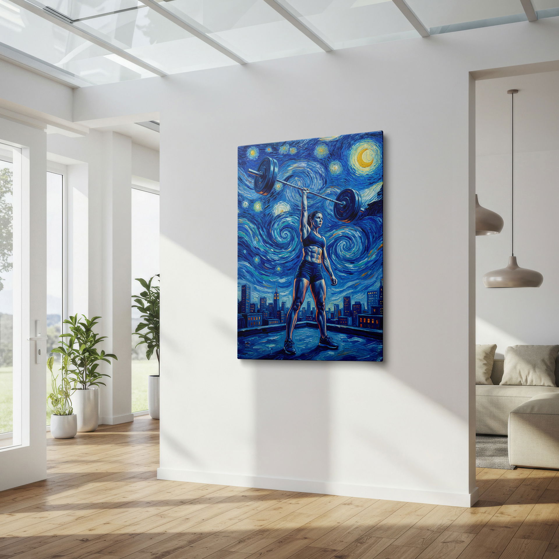 View of a strong woman overhead pressing a barbell as a Wrapped Canvas, invoking Van Gogh's 'Starry Night' with a fitness theme.