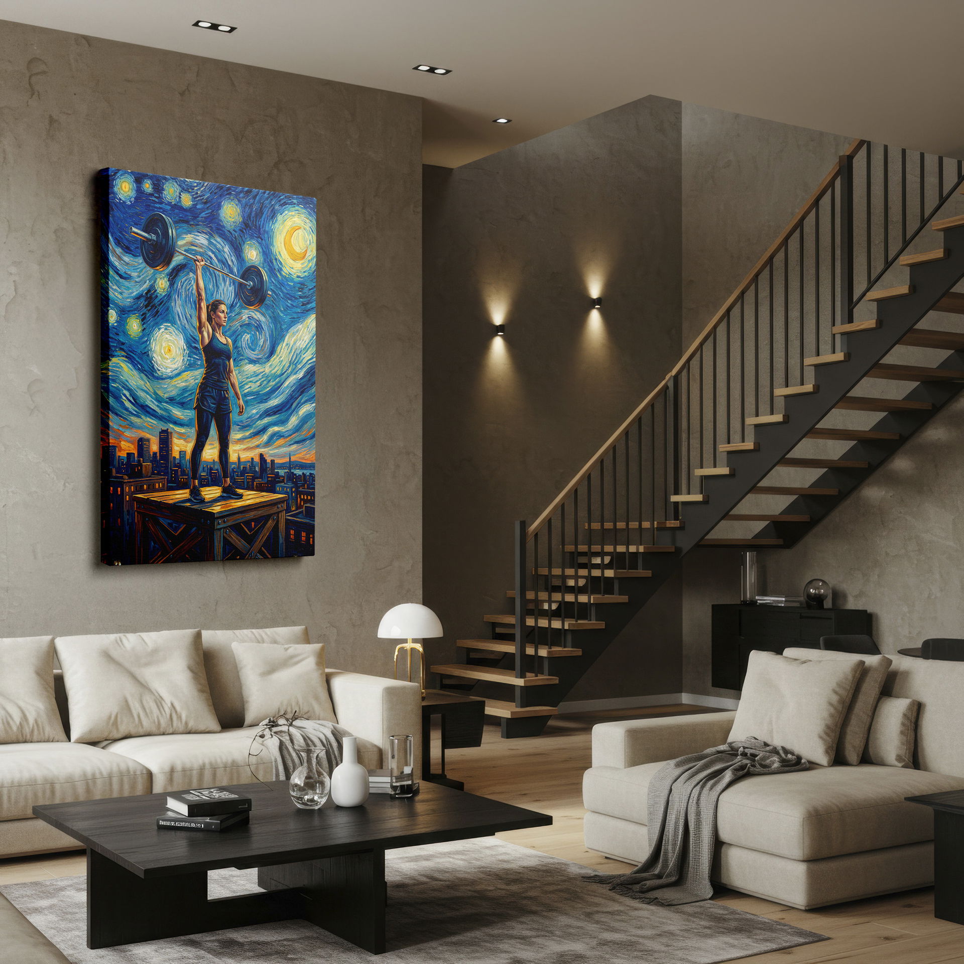 Unique Wrapped Canvas art featuring a weightlifter on a platform under a swirling sky.