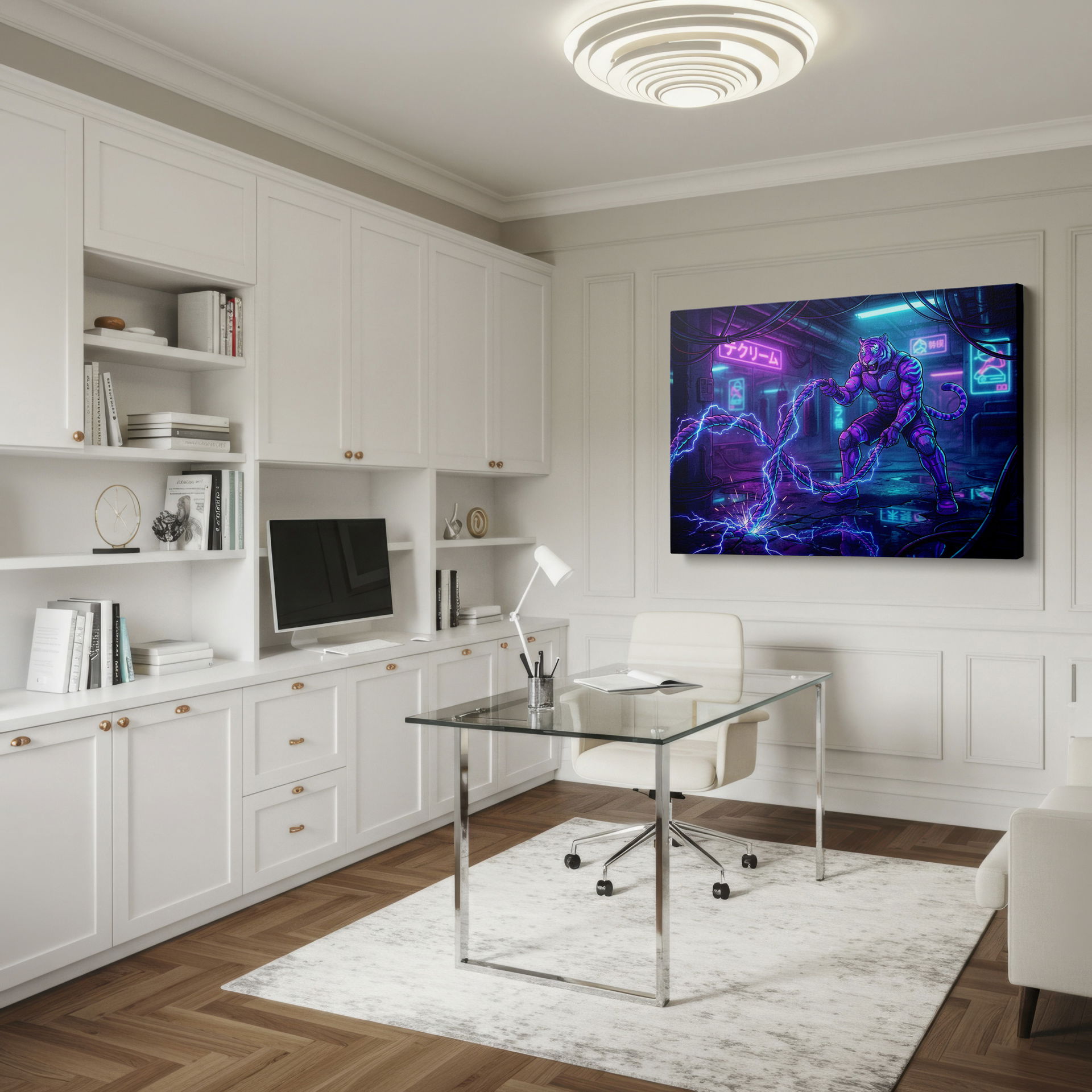 Muscular tiger doing rope exercises in a neon-lit cyberpunk gym, creating a compelling Wrapped Canvas.