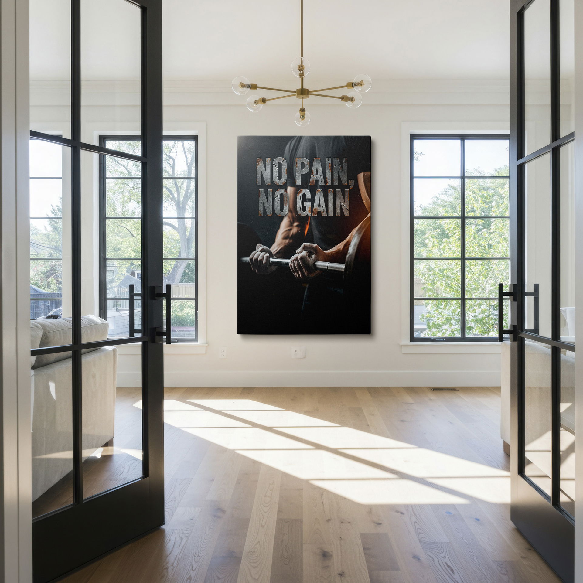 Detailed shot of chalky hands on a barbell, overlaid with 'No Pain, No Gain', suitable for gym wall decor.