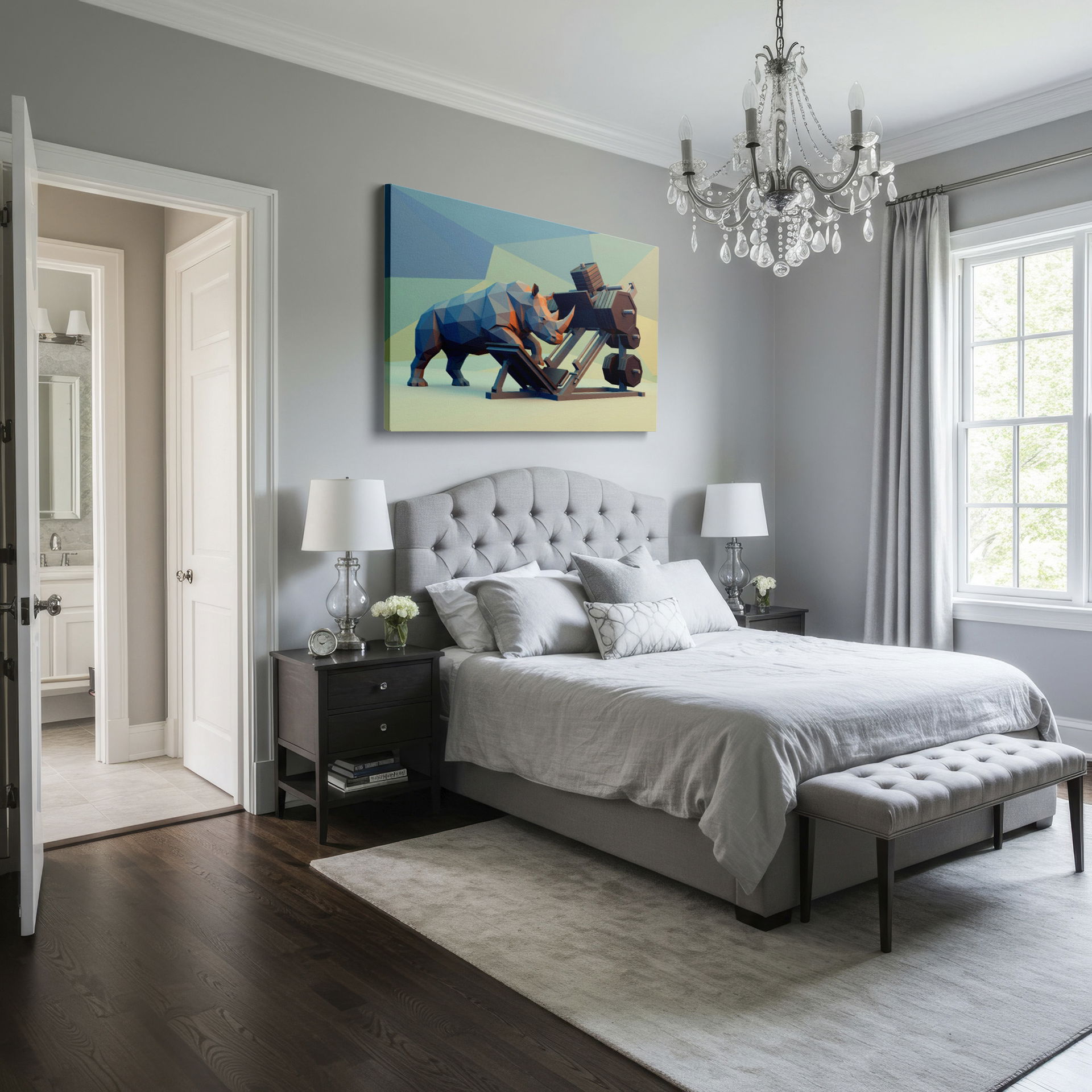 Polygonal rhino lifting weights on Wrapped Canvas adds a modern touch.