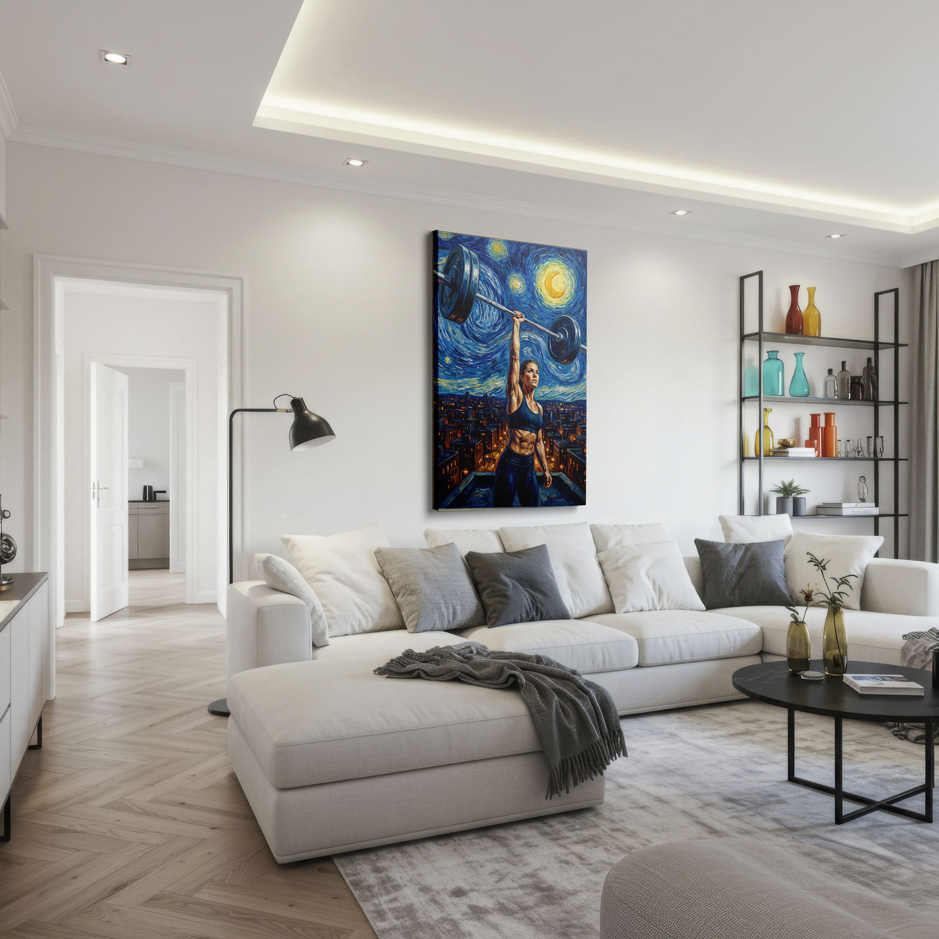 Canvas wall art of weightlifter set in a textured, swirling, starry night scene.