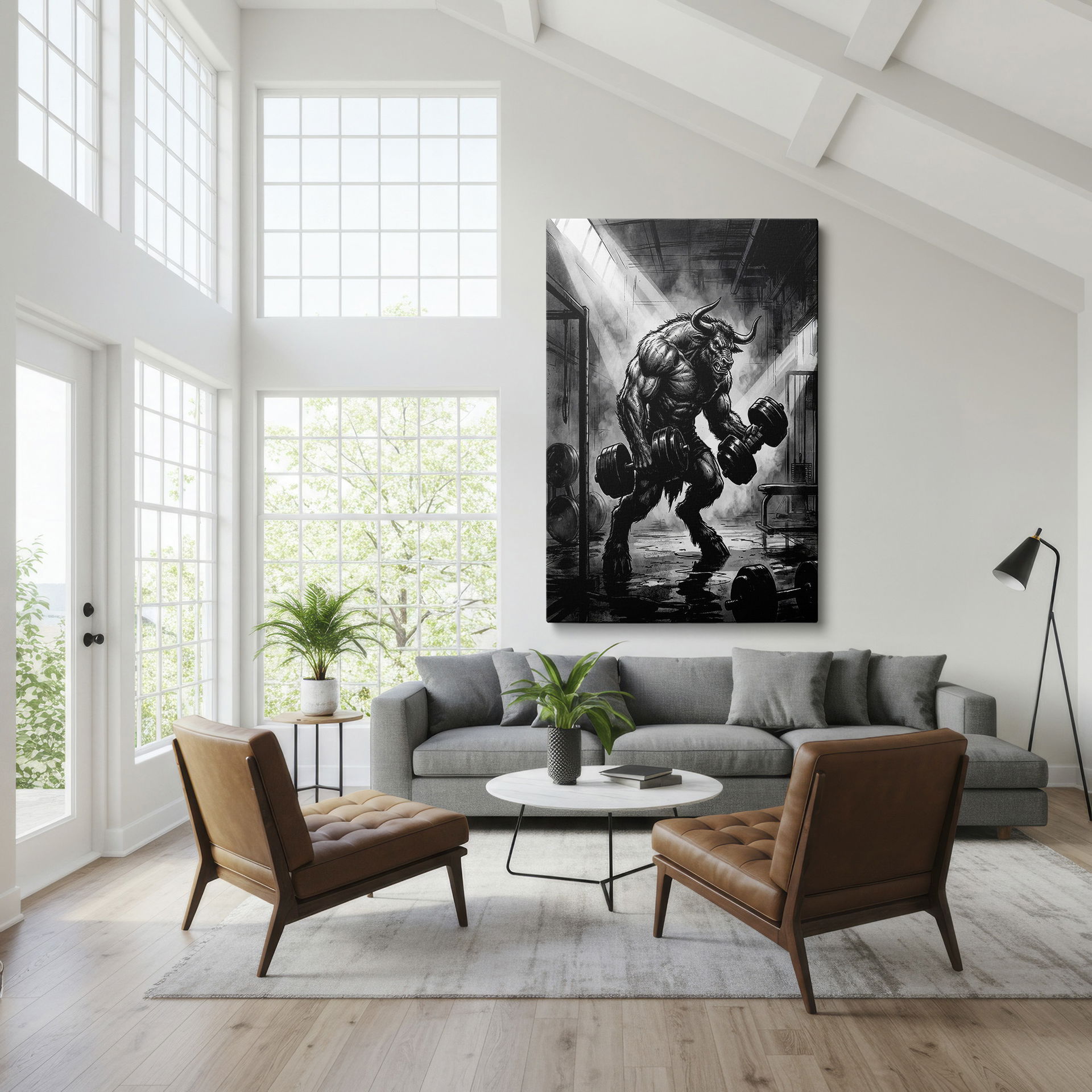 Wrapped Canvas featuring a Minotaur engaged in a weightlifting workout in a stark, urban gym setting, emphasizing intensity.