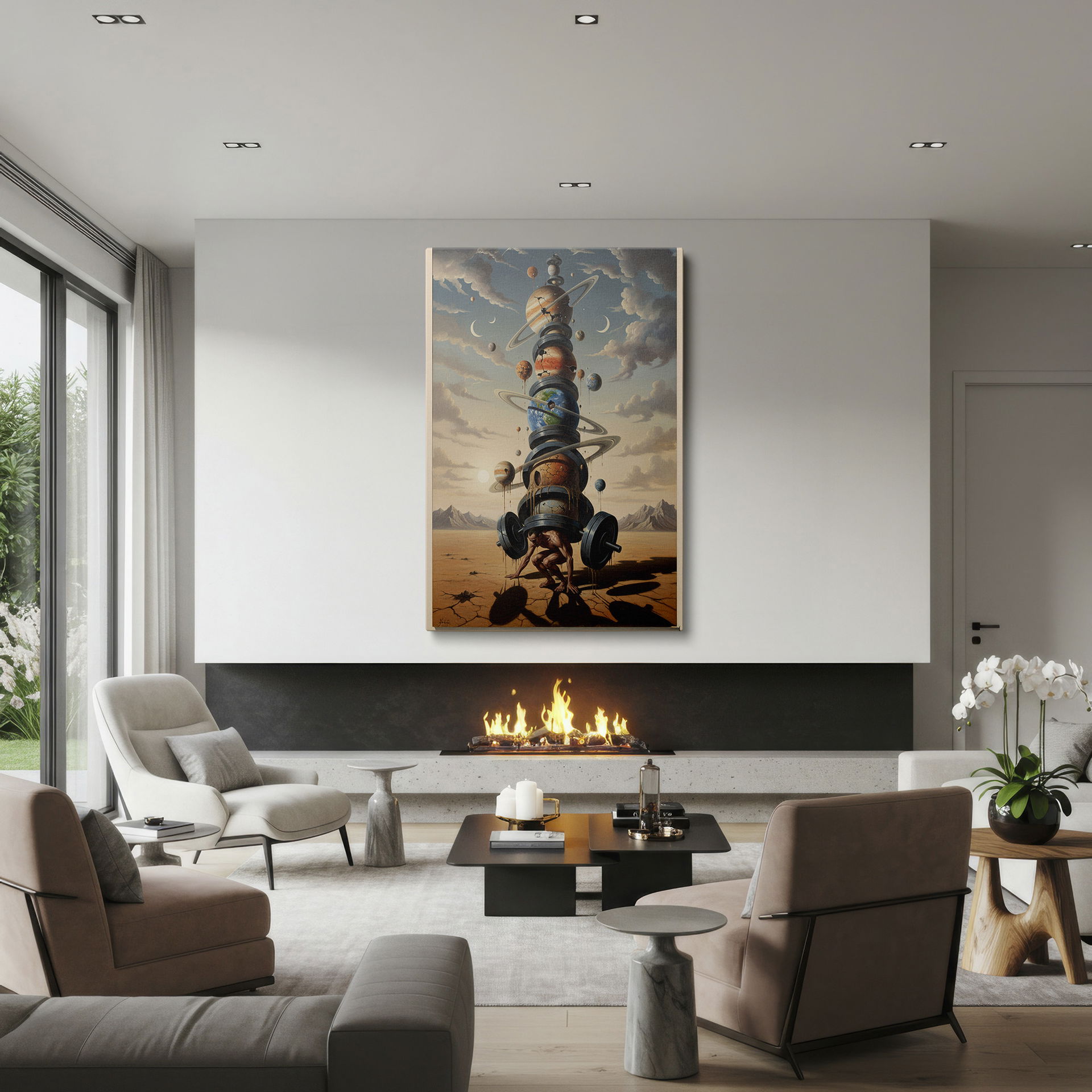 A figure bears the burden of stacked planets in this desert landscape. Elevate your home with this compelling wall decor.