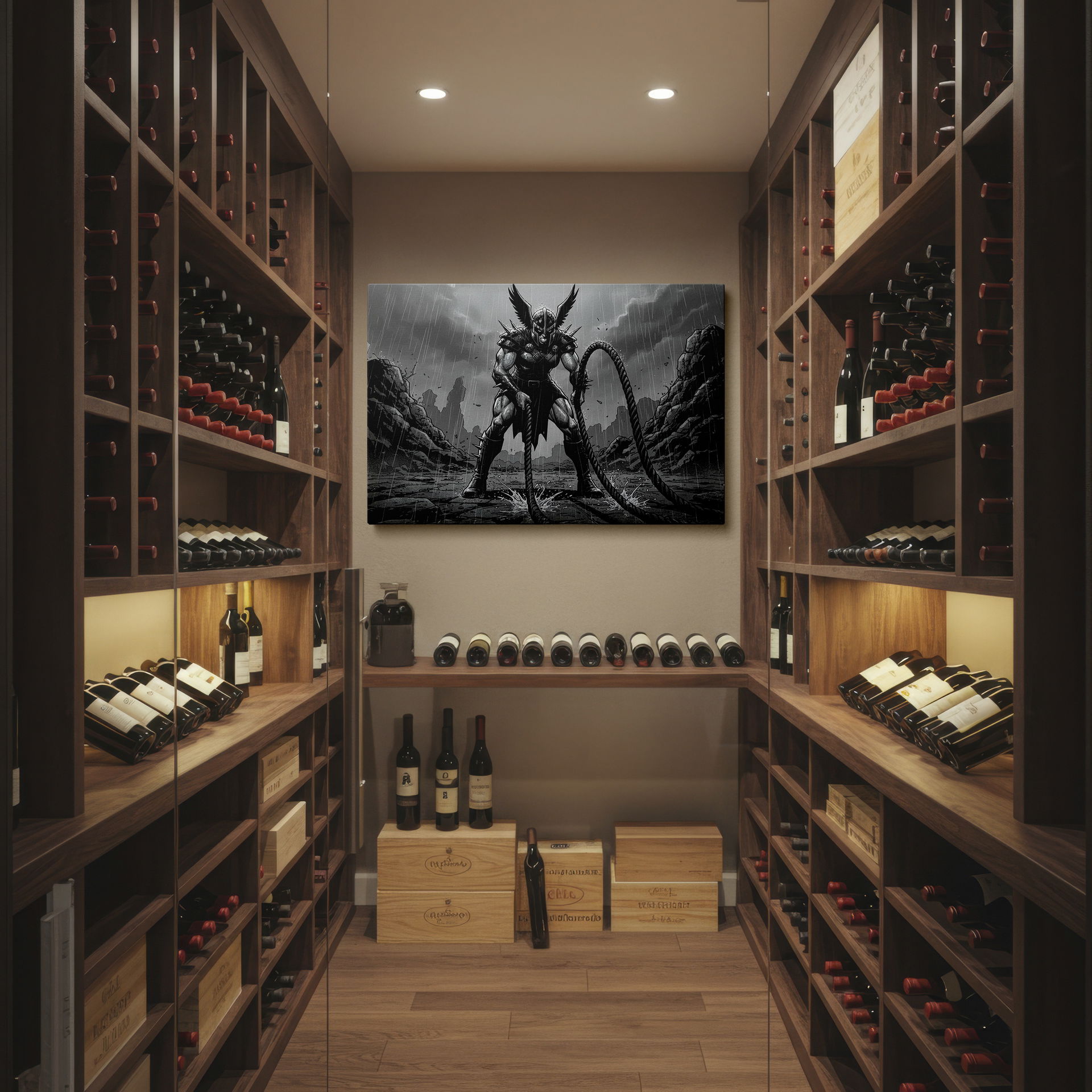 The Wrapped Canvas showcases a powerful warrior with spiked armor, standing in a rain-soaked, rocky area.