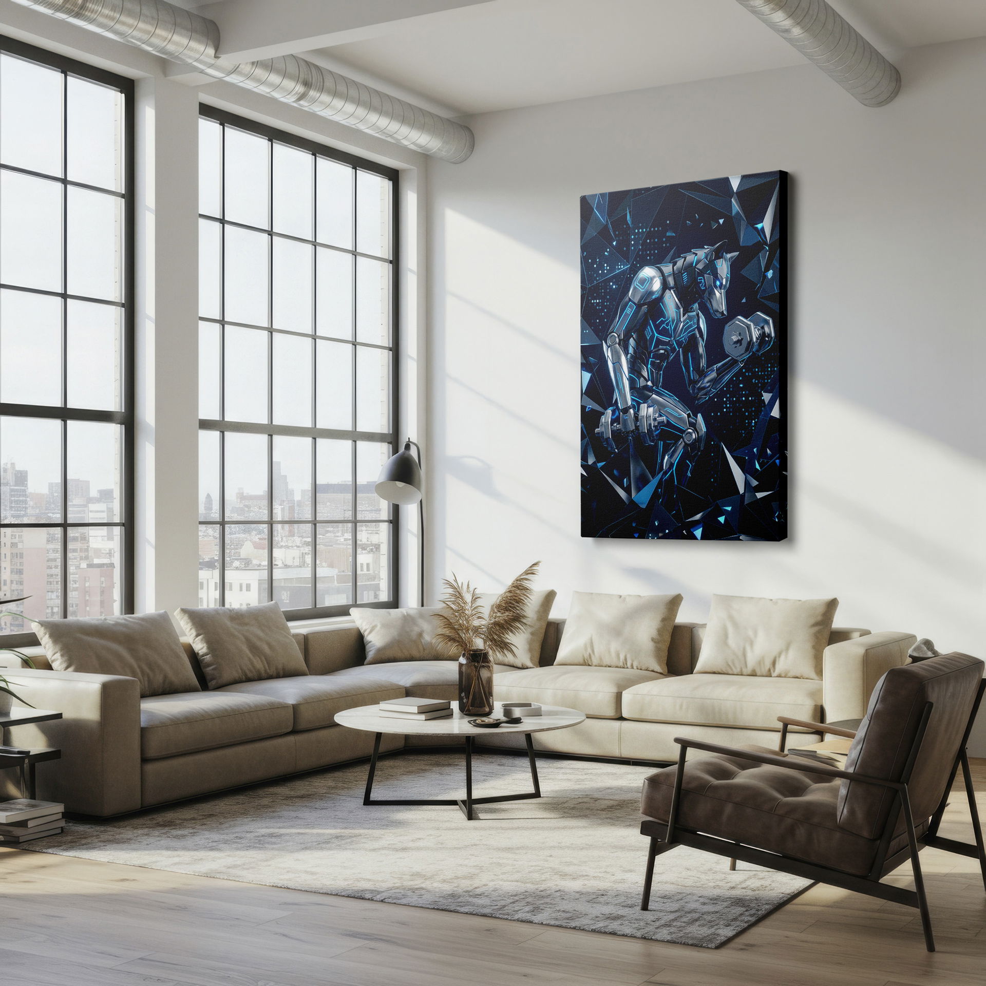 Wall art featuring a cybernetic wolf diligently lifting weights, creating a futuristic, powerful scene for your wall decor.