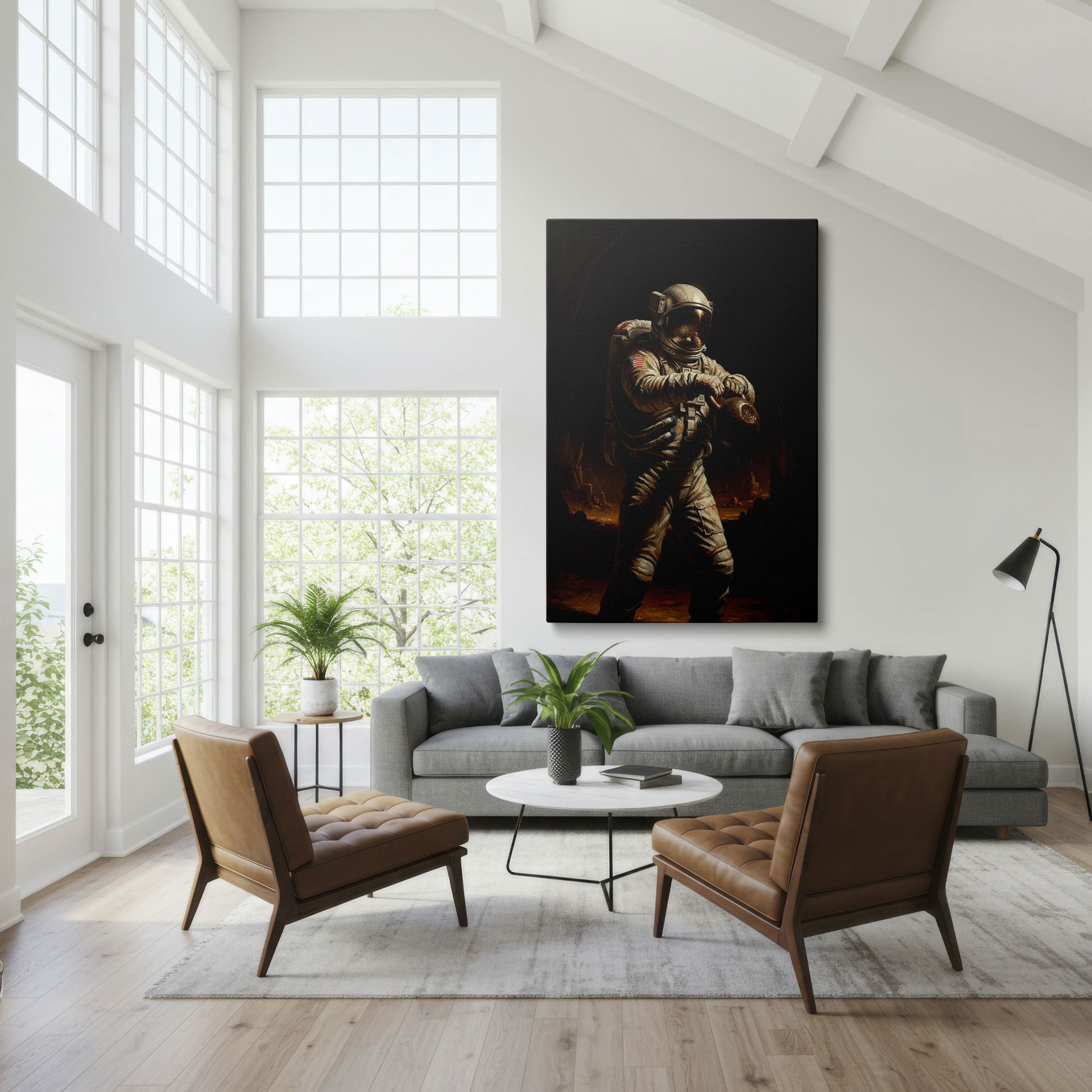 Unique astronaut art: Spacesuit-clad figure lifting weights in a Martian-esque environment for wall art.