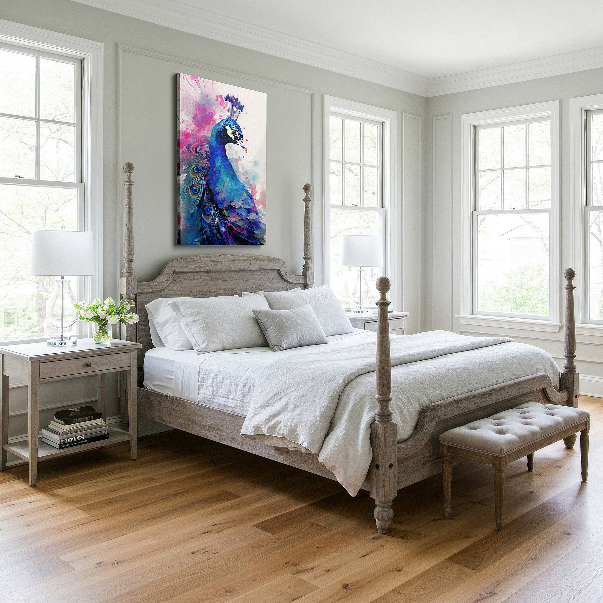 Aligned with a curated gallery wall of abstract artworks — abstract and colorful peacock, large canvas wall art, office decor