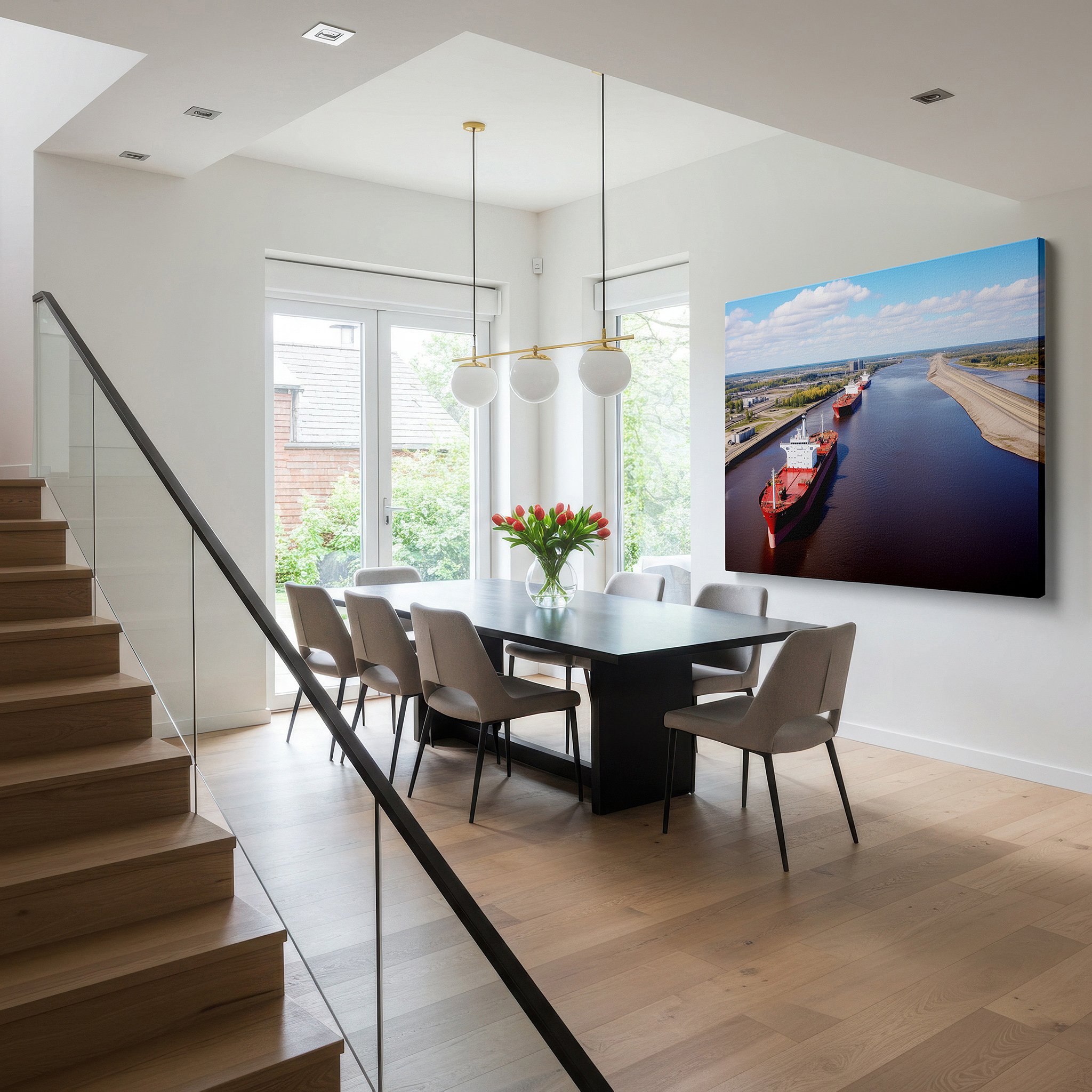 Aligned with a curated gallery wall of abstract artworks — aerial river view: balancing commerce and tranquility - large canvas wall art for office, bedroom, and living room decor