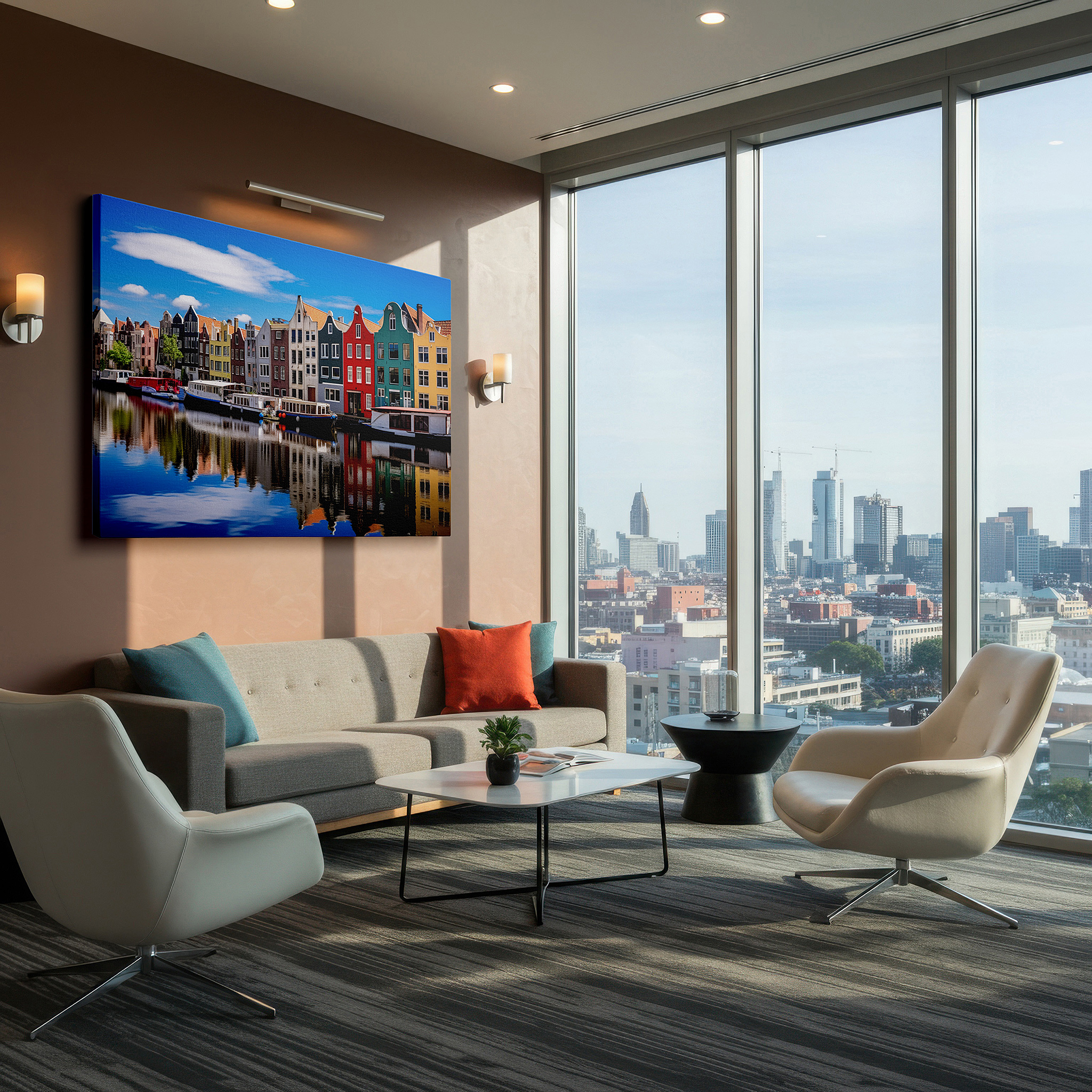 Aligned with a curated gallery wall of abstract artworks — amsterdam waterfront canvas print featuring dutch architecture and dreamlike canal reflections, large wall art for home or office decor