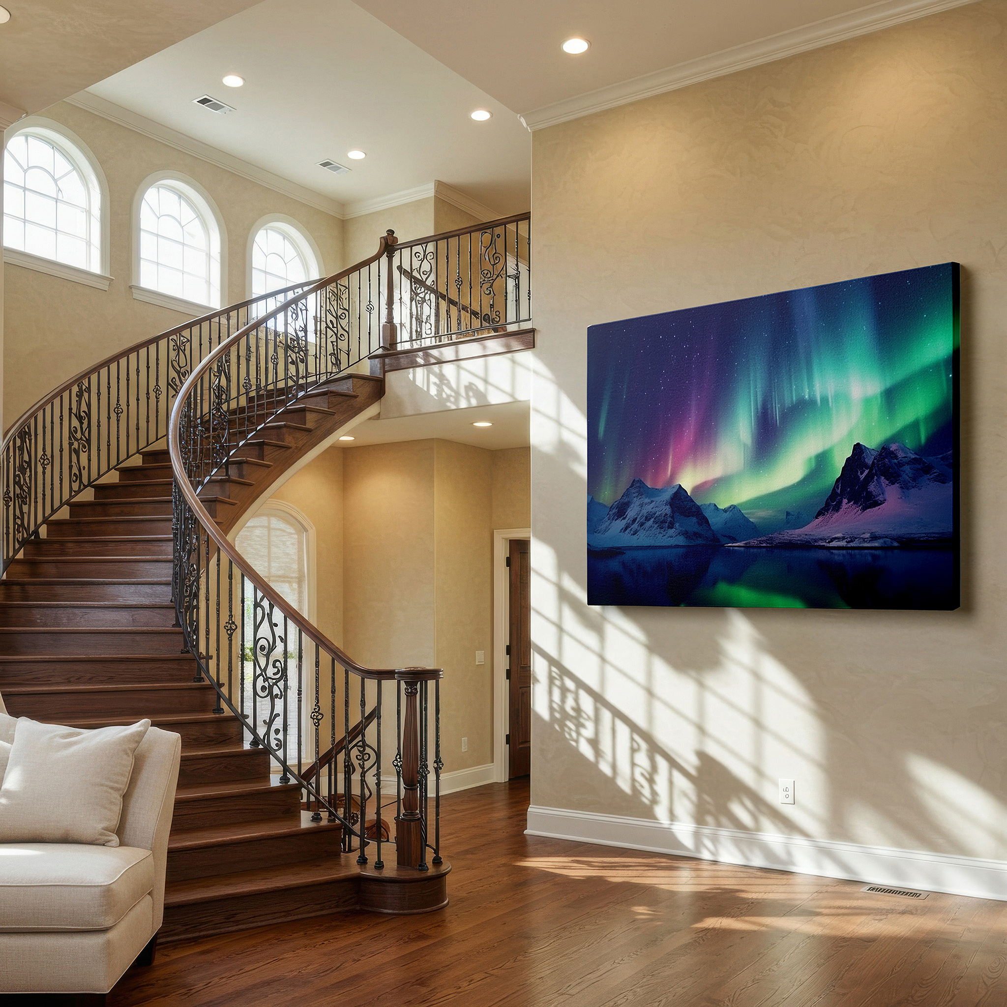 Aligned with a curated gallery wall of abstract artworks — aurora borealis over snow-capped mountains and tranquil lake reflection large canvas wall art for home and office decor