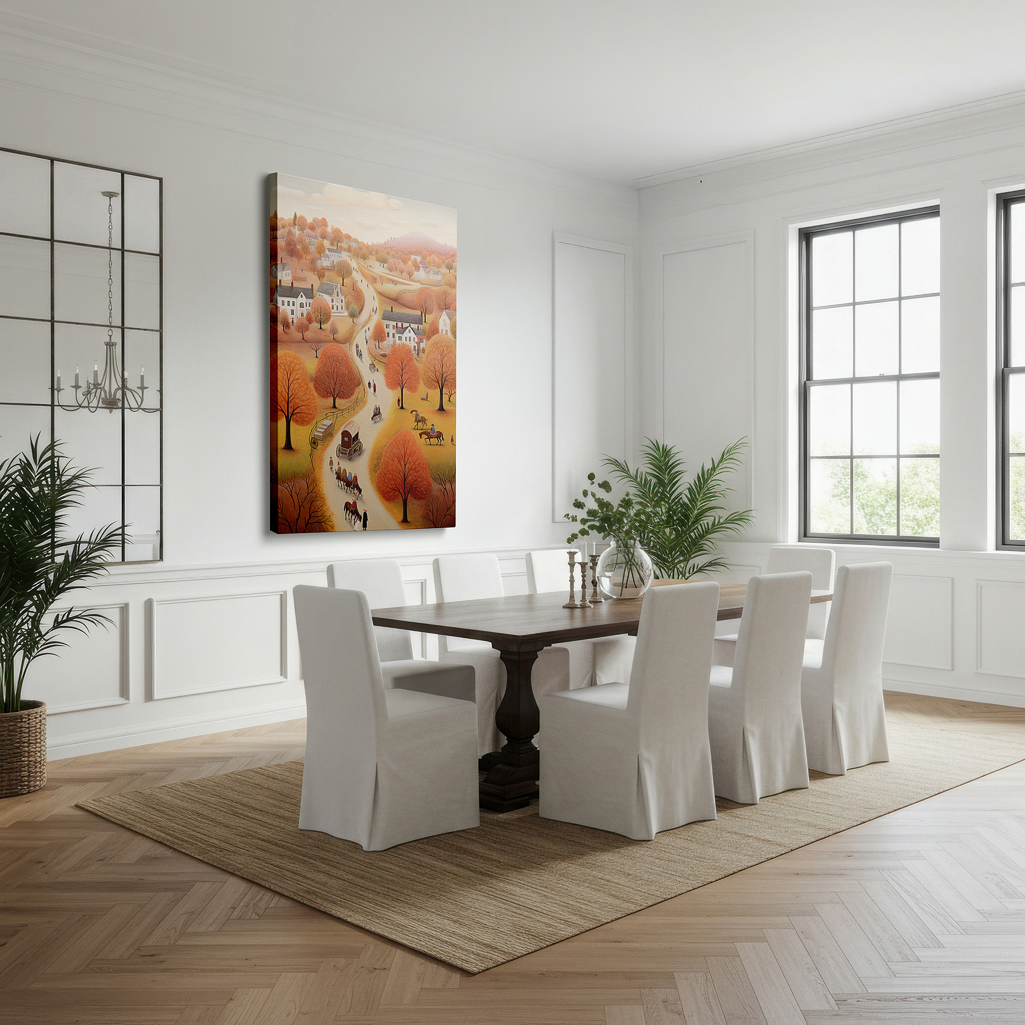 Aligned with a curated gallery wall of abstract artworks — autumn embrace in a quaint village: a rustic journey through vibrant fall colors and charming village life - large wall art, canvas wall art, wall art