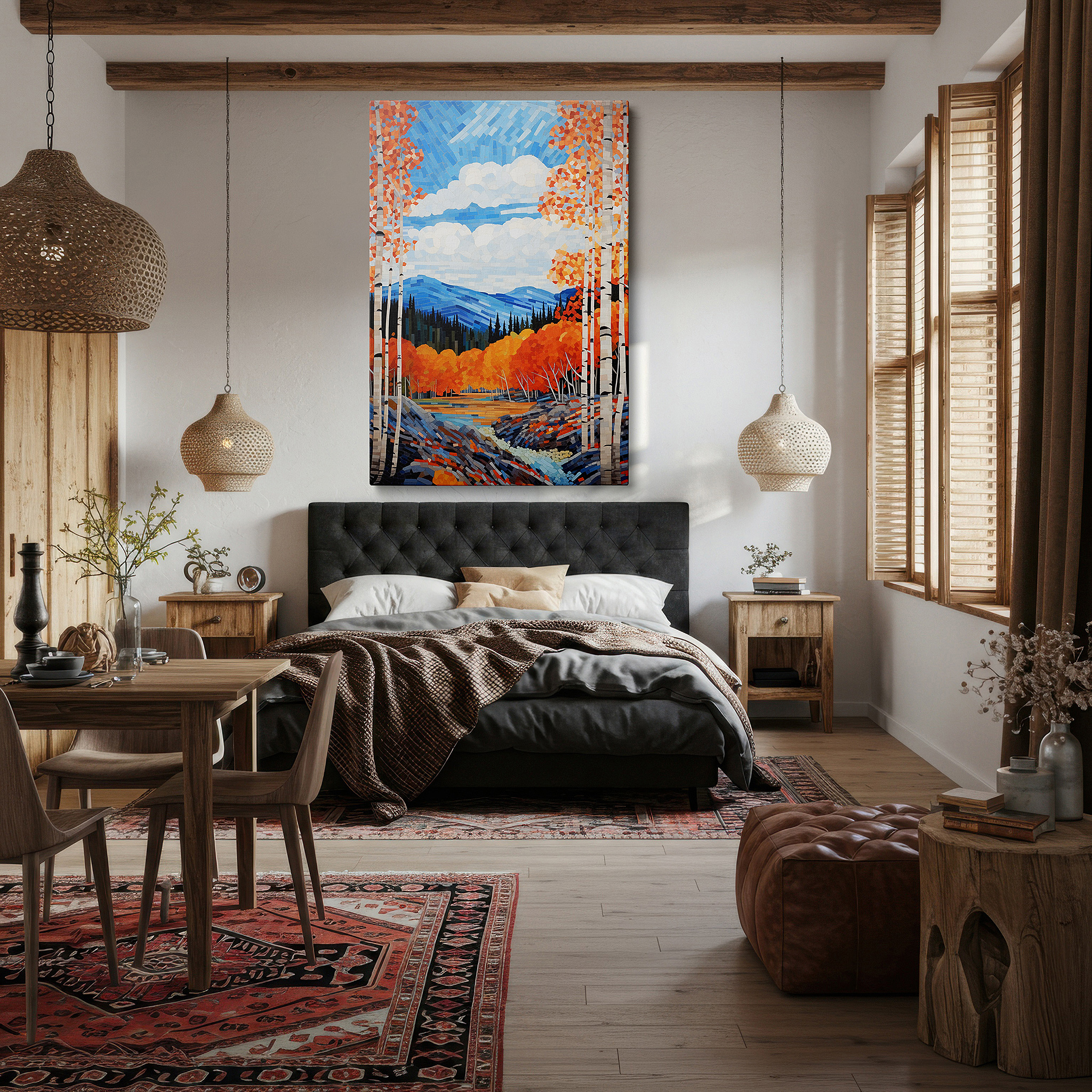 Aligned with a curated gallery wall of abstract artworks — autumn majesty: fiery foliage and majestic mountains - large canvas wall art for office, bedroom, and living room decor