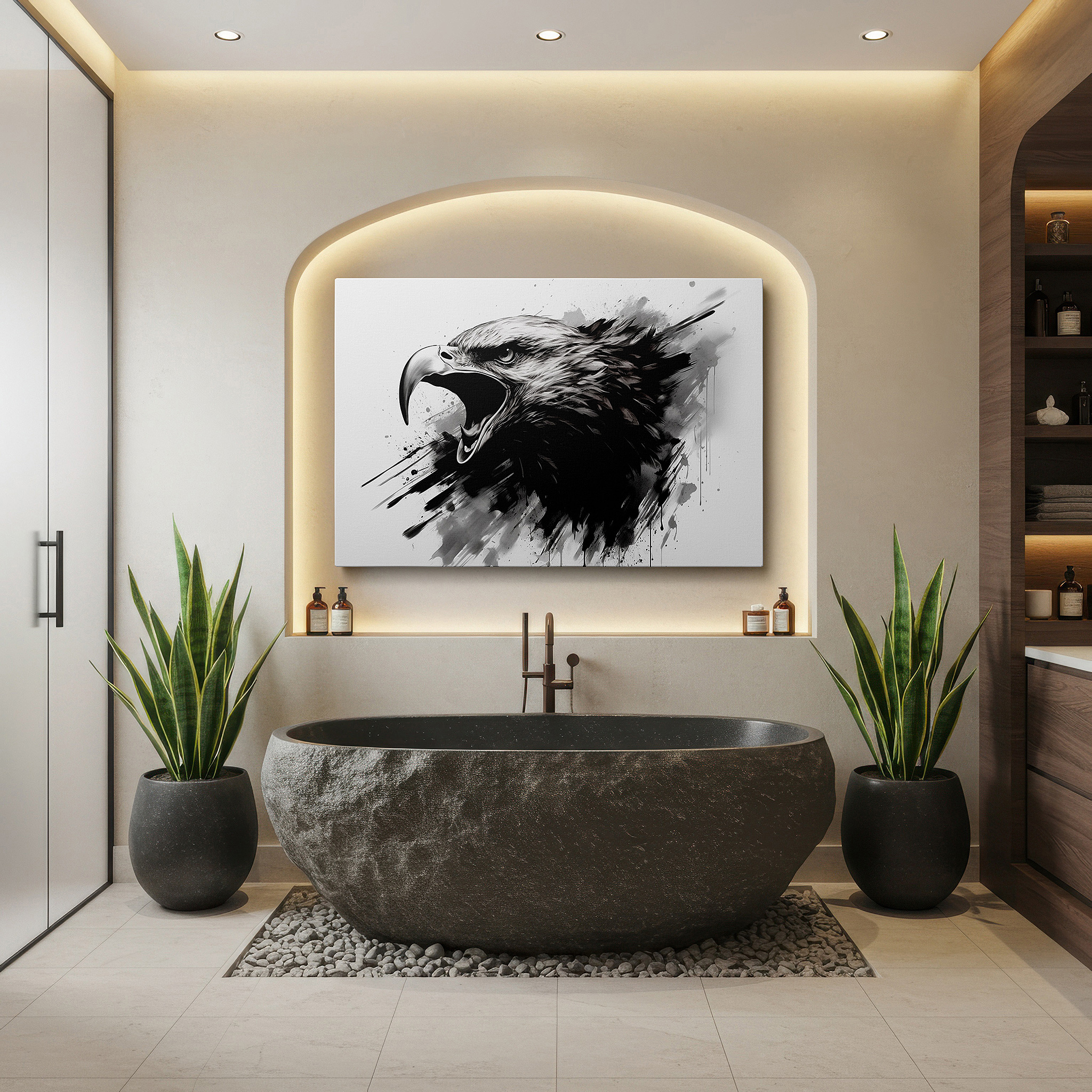 Aligned with a curated gallery wall of abstract artworks — black and white roaring eagle canvas, symbolizing freedom and strength, ideal for office and bedroom wall decor