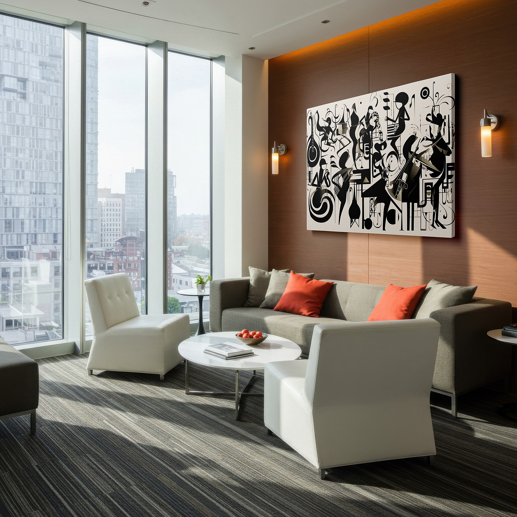 Aligned with a curated gallery wall of abstract artworks — black and white vibrant symphony, embodying musical harmony, large canvas wall art for office and bedroom decor