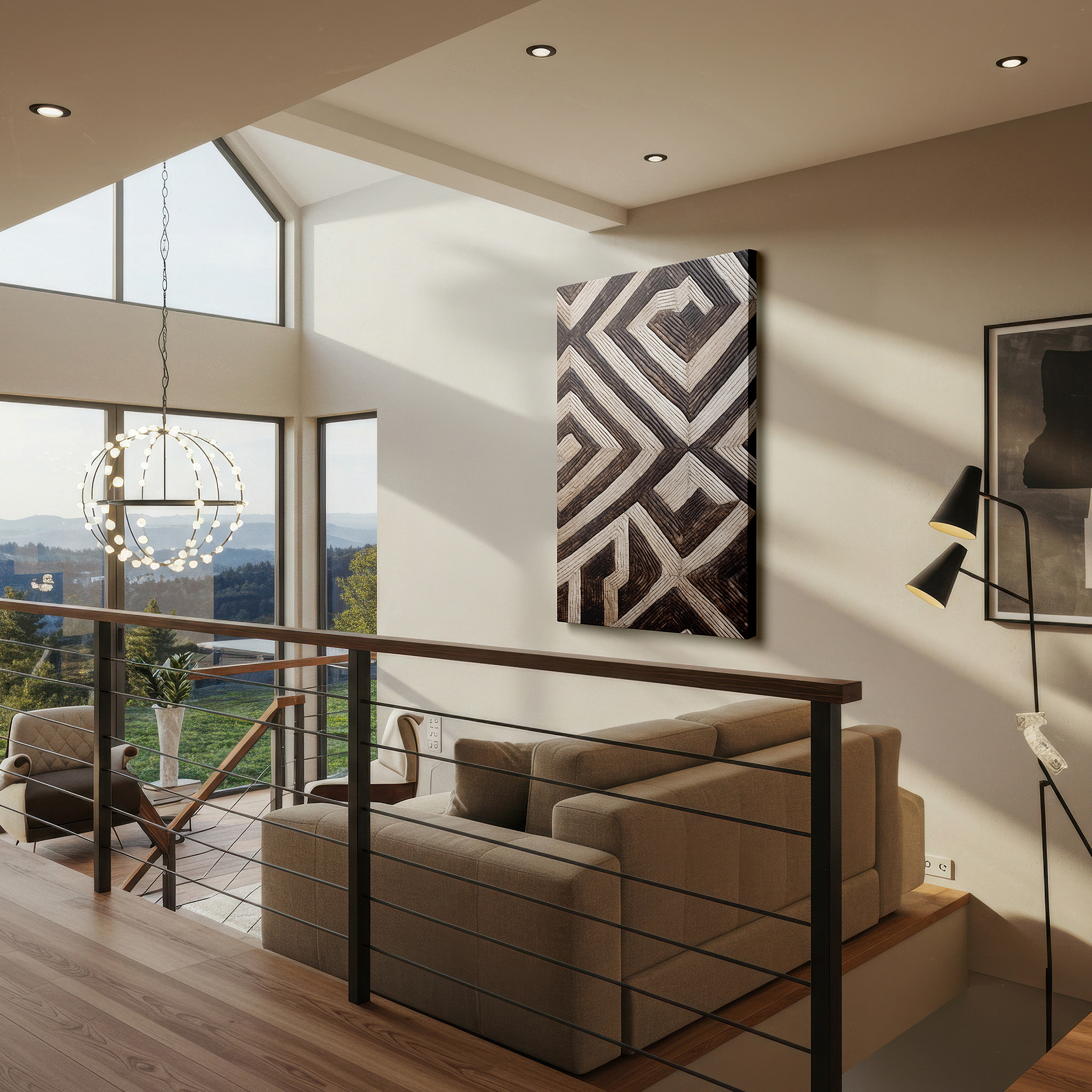 Aligned with a curated gallery wall of abstract artworks — blending contemporary design and classic skill in textured wood: large wall art, canvas wall art, wall decor for offices and bedrooms