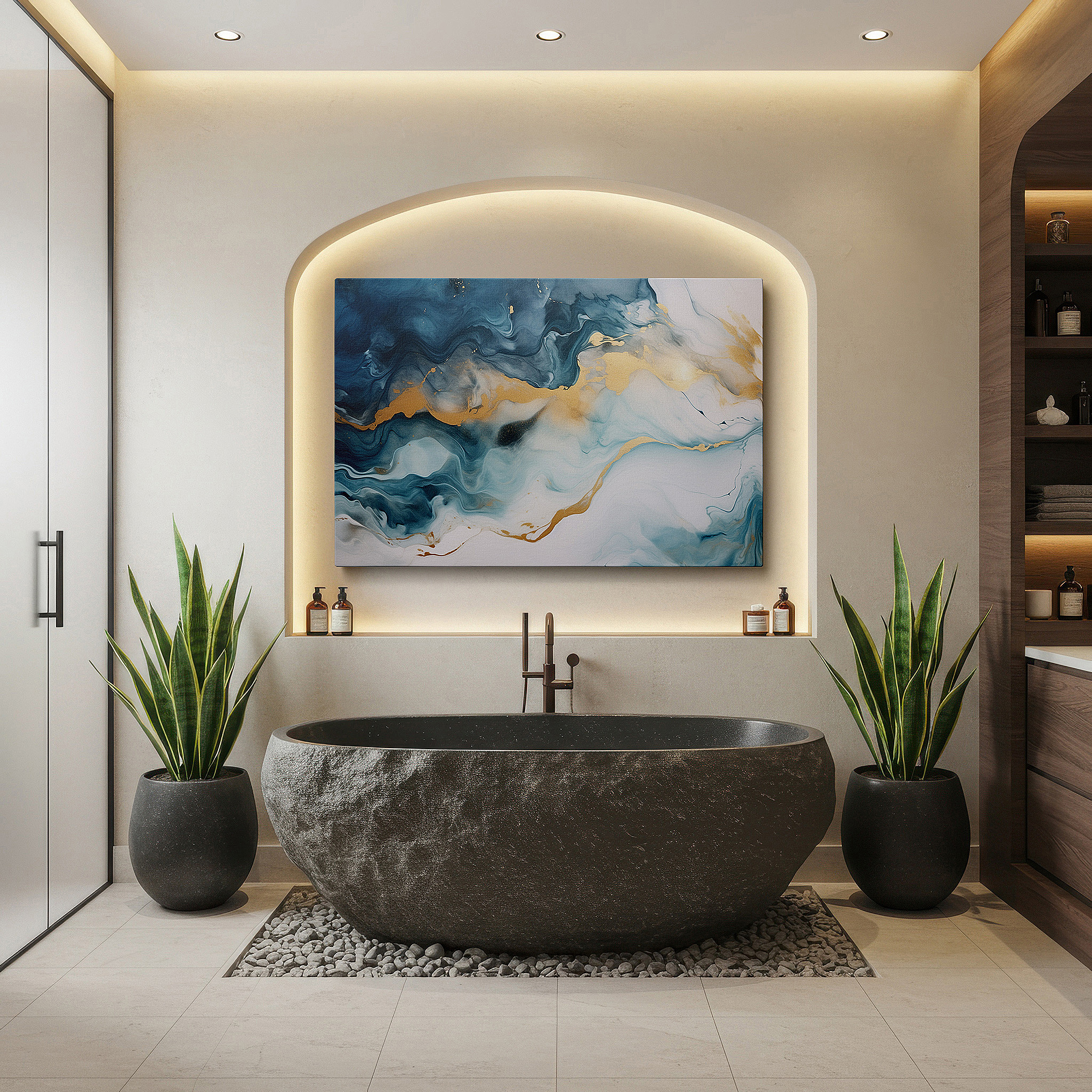 Aligned with a curated gallery wall of abstract artworks — blue and gold fluid waves, embodying the serene beauty and depth of the ocean - large canvas wall art for home and office decor