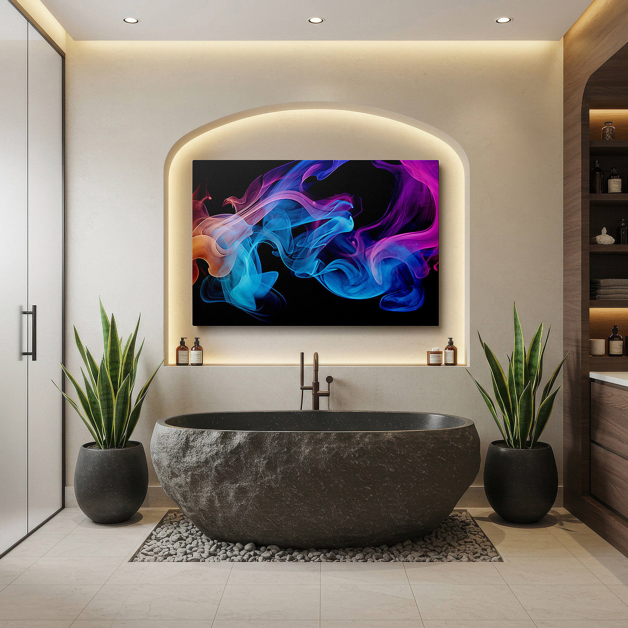 Aligned with a curated gallery wall of abstract artworks — blue, pink, and orange dynamic swirls and smoke-like shapes dancing wall art, large canvas for office decor
