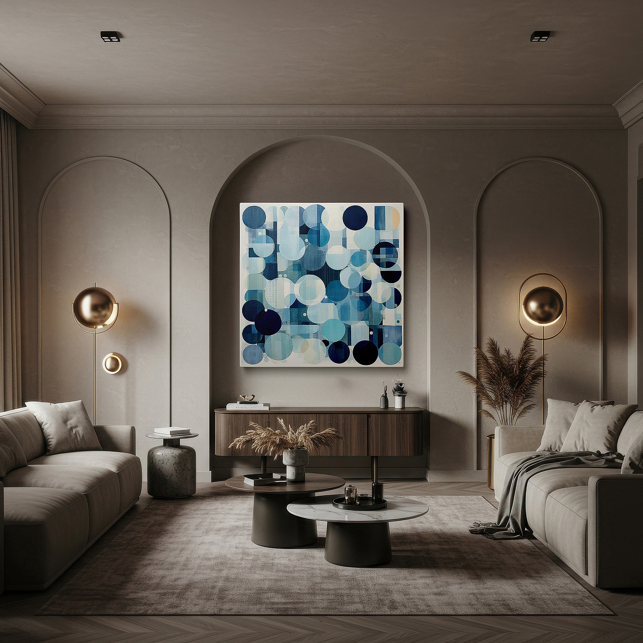 Aligned with a curated gallery wall of abstract artworks — blue and white harmonious circles, symbolizing unity and serenity, large canvas wall art for office decor