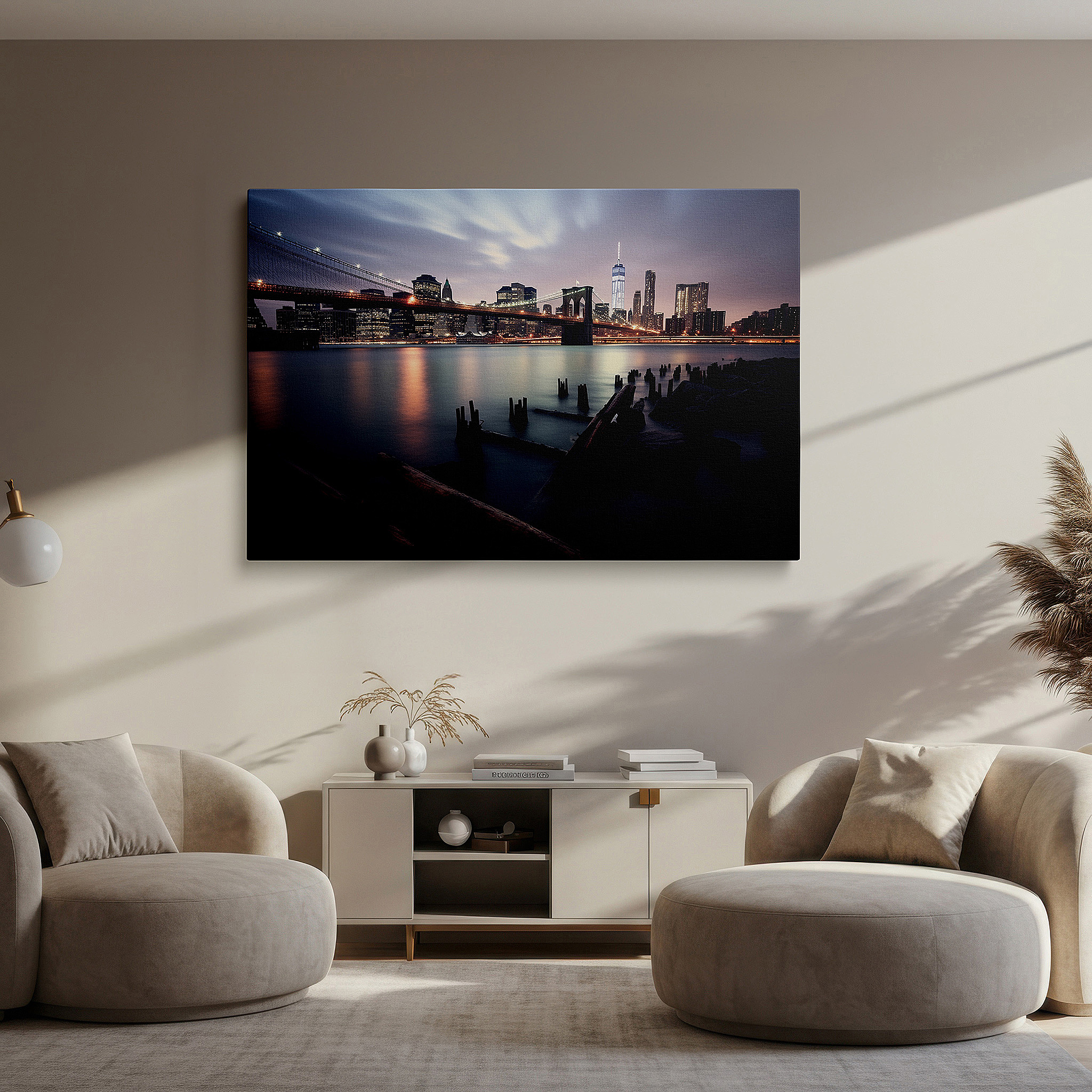 Aligned with a curated gallery wall of abstract artworks — brooklyn bridge at dusk: a harmonious blend of nature and architecture - large canvas wall art for office and bedroom decor
