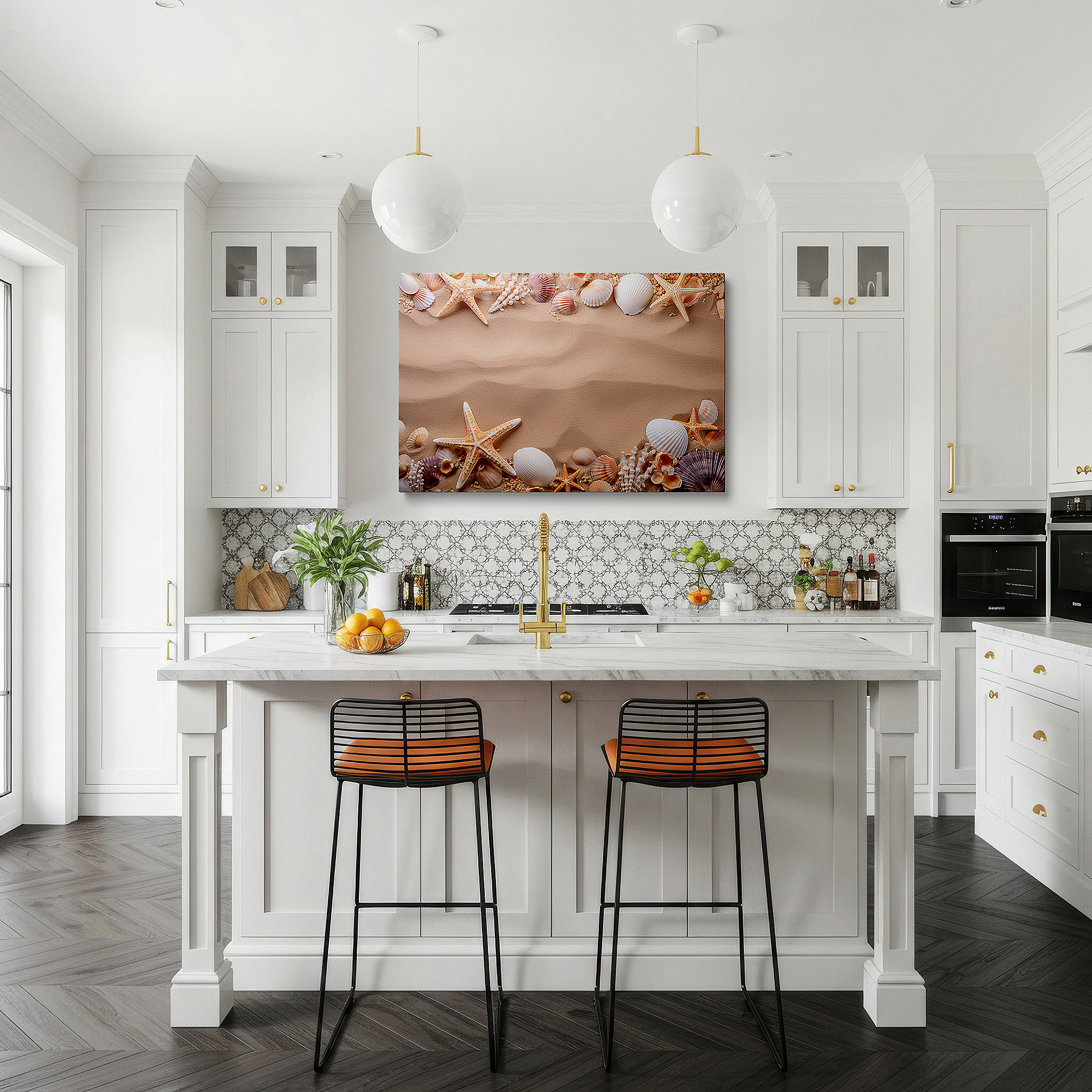 Aligned with a curated gallery wall of abstract artworks — coastal-inspired wall art featuring seashells and starfish on a sandy background - perfect for living rooms, bedrooms, and offices