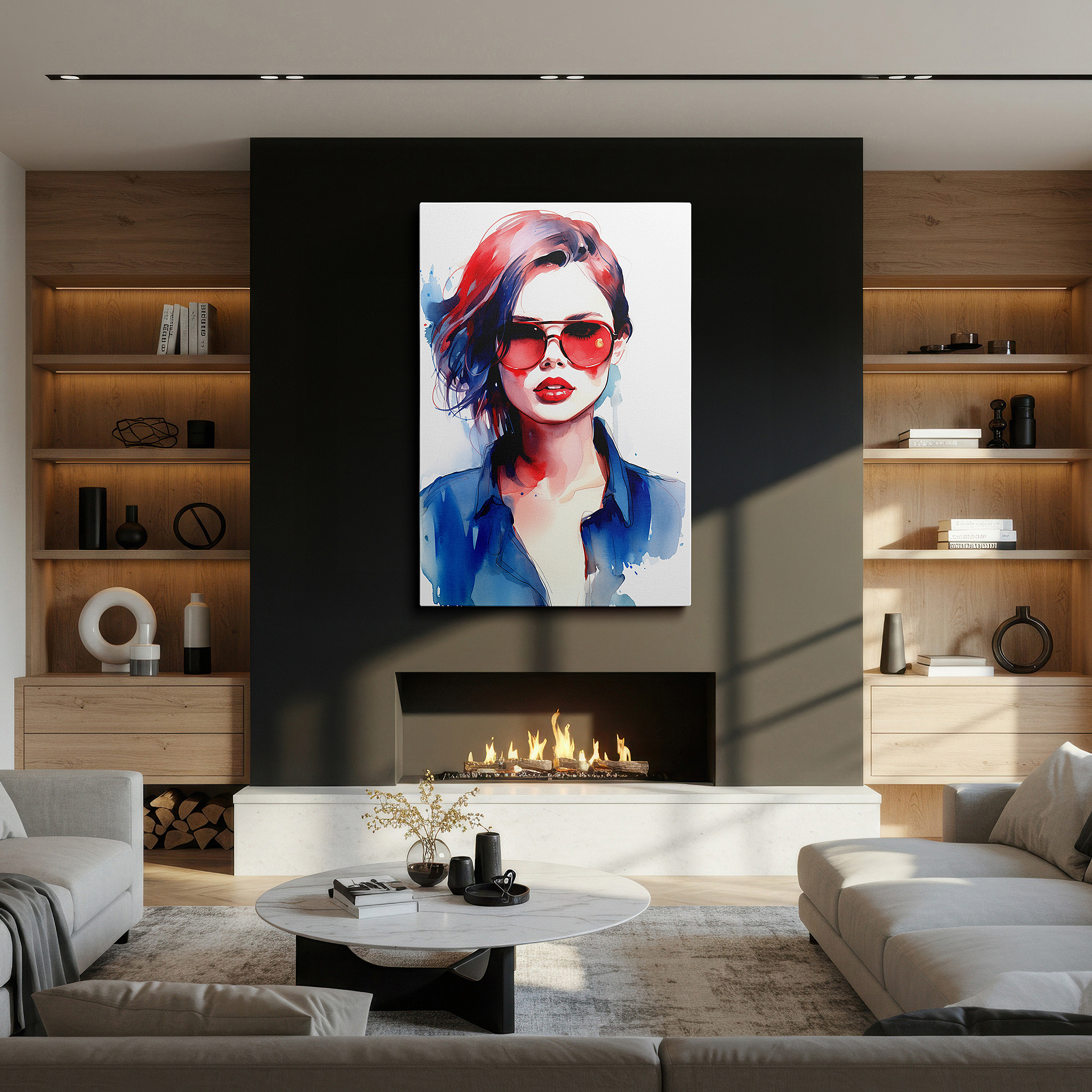 Aligned with a curated gallery wall of abstract artworks — contemporary elegance meets watercolor art, showcasing a fashionable woman with vibrant red hair and trendy sunglasses, large canvas wall art
