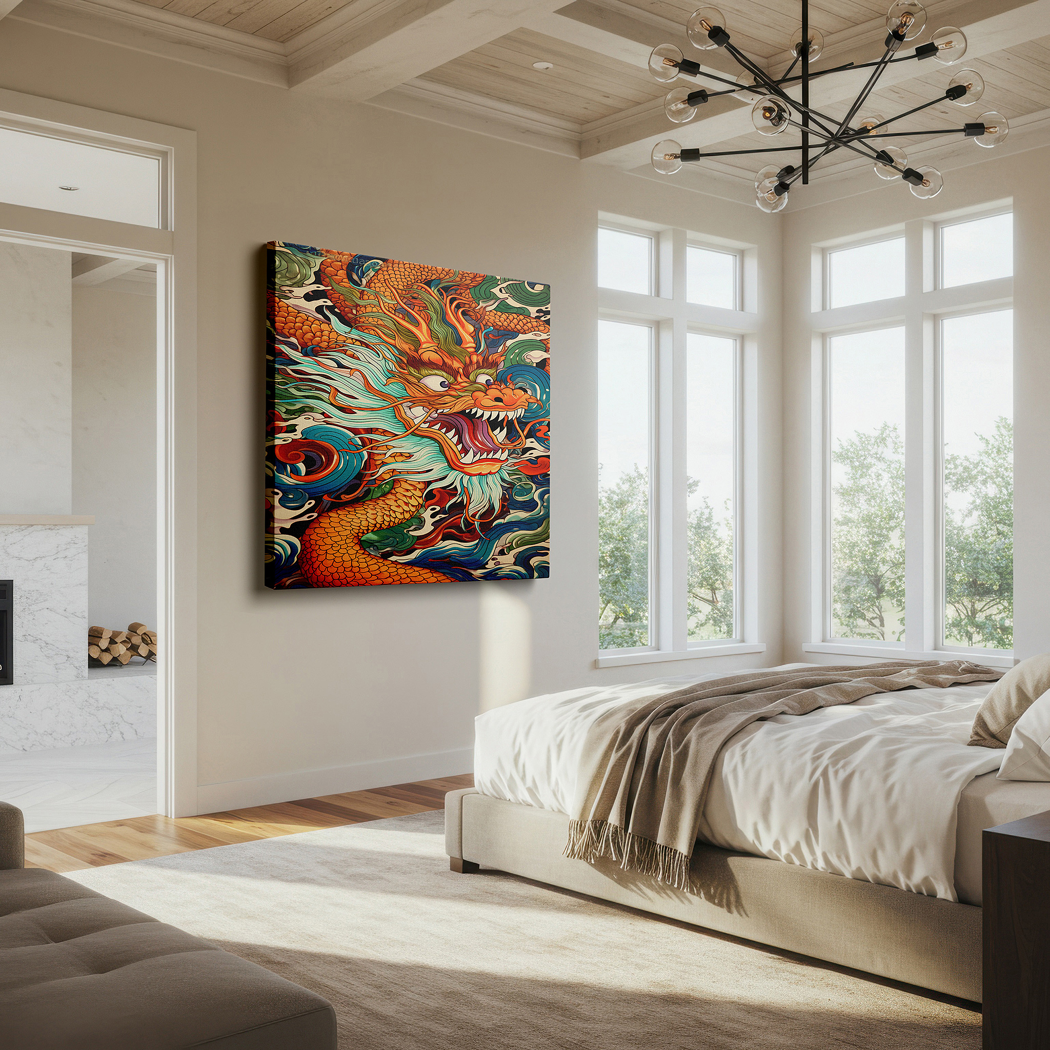 Aligned with a curated gallery wall of abstract artworks — dragon amidst dynamic waves: a vivid expression of myth and power - large canvas wall art for office and bedroom decor