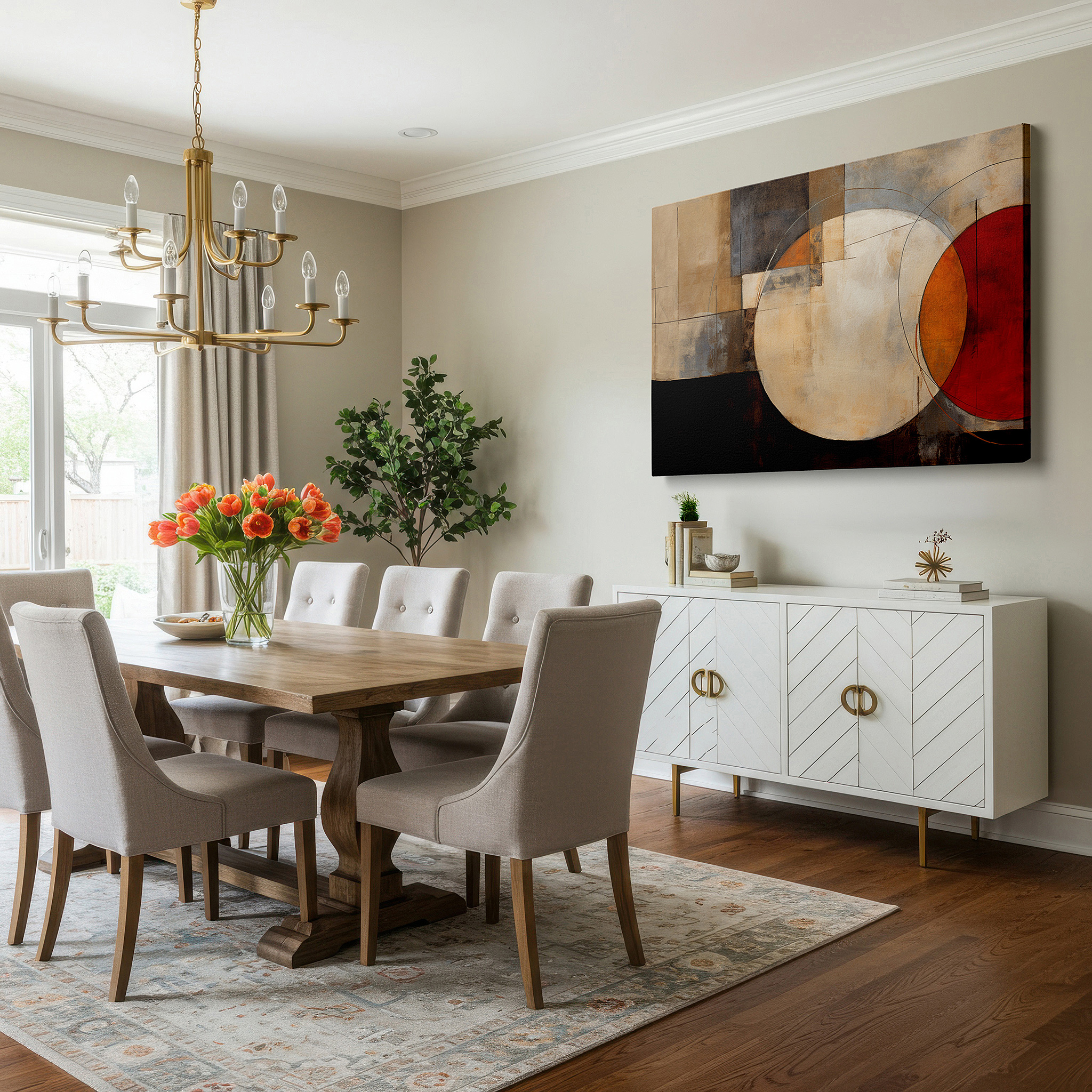 Aligned with a curated gallery wall of abstract artworks — earthy tones symphony with intersecting circles: geometric abstract large canvas wall art for home and office decor