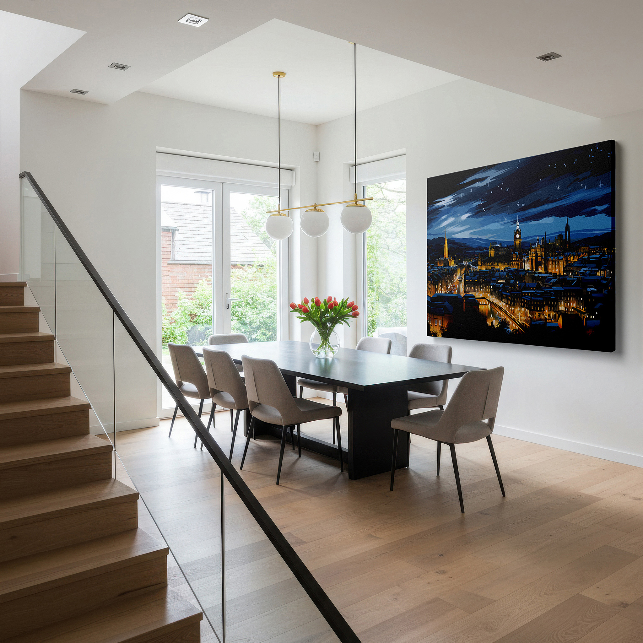 Aligned with a curated gallery wall of abstract artworks — edinburgh's night skyline under starlit mystique - a panoramic view of historic and modern architectural splendor large wall art, canvas wall art, wall decor