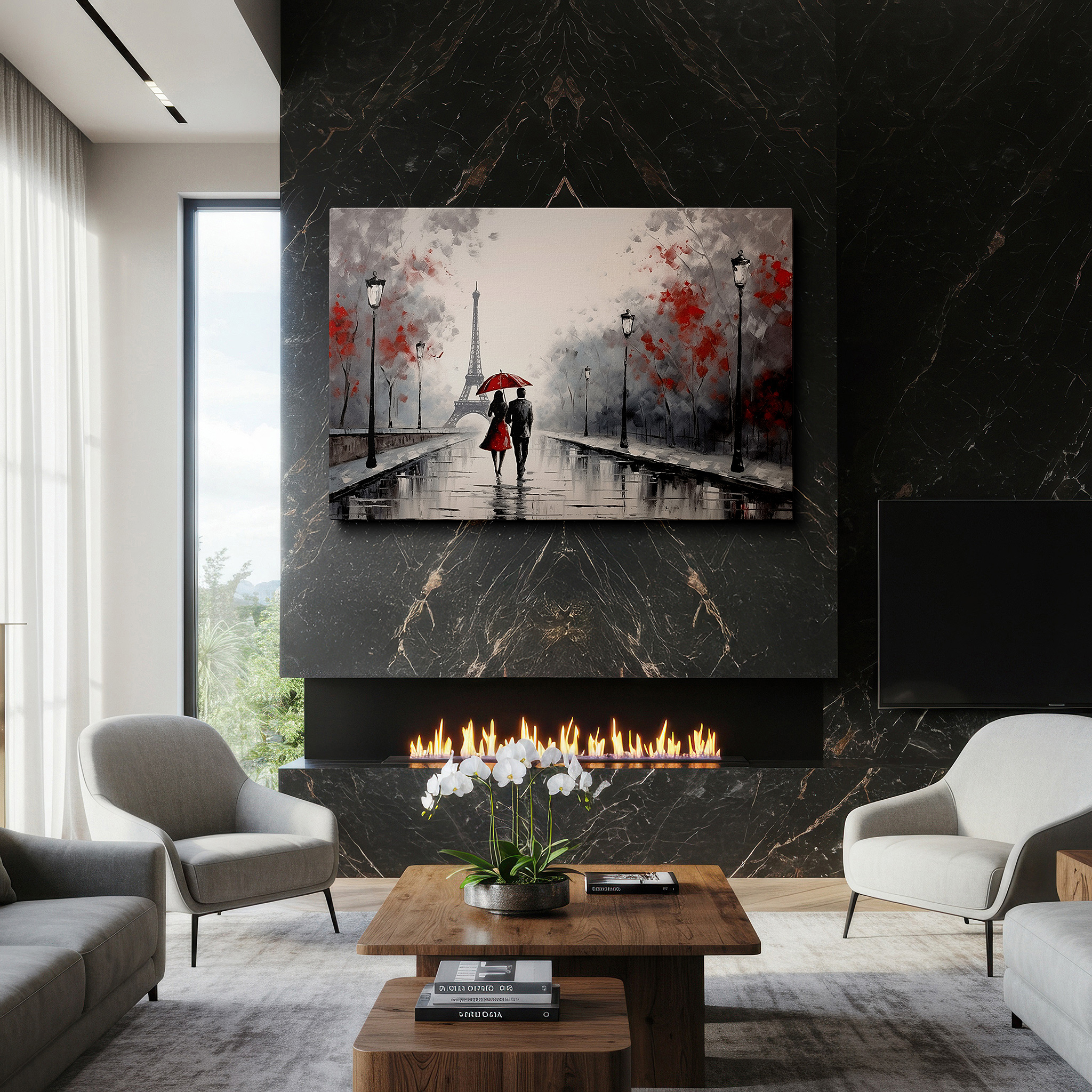 Aligned with a curated gallery wall of abstract artworks — eiffel tower romantic stroll large wall art with vivid red umbrella, canvas wall art for office, bedroom, and living room decor