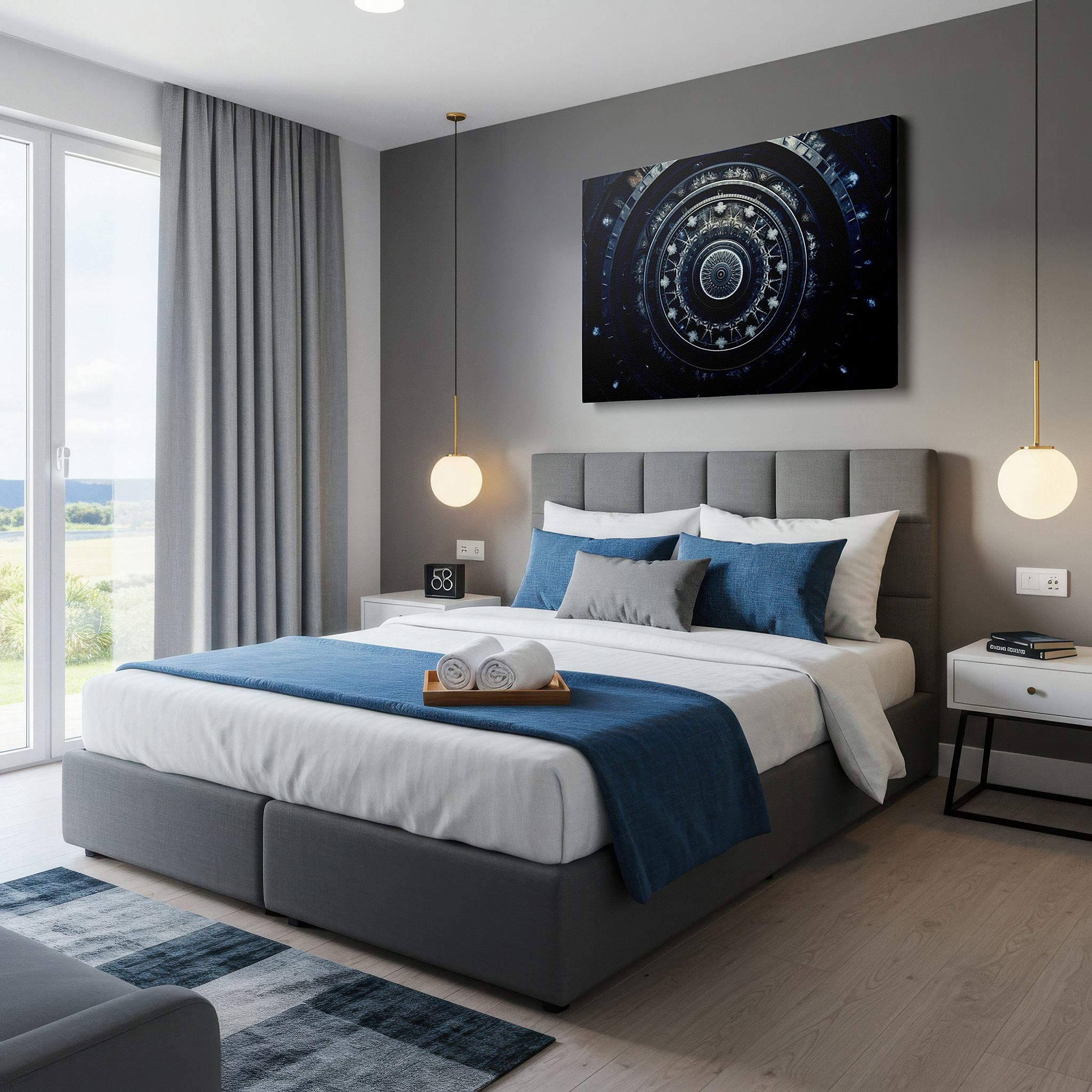 Aligned with a curated gallery wall of abstract artworks — elegant circular design with metallic highlights: large canvas wall art for office and bedroom decor