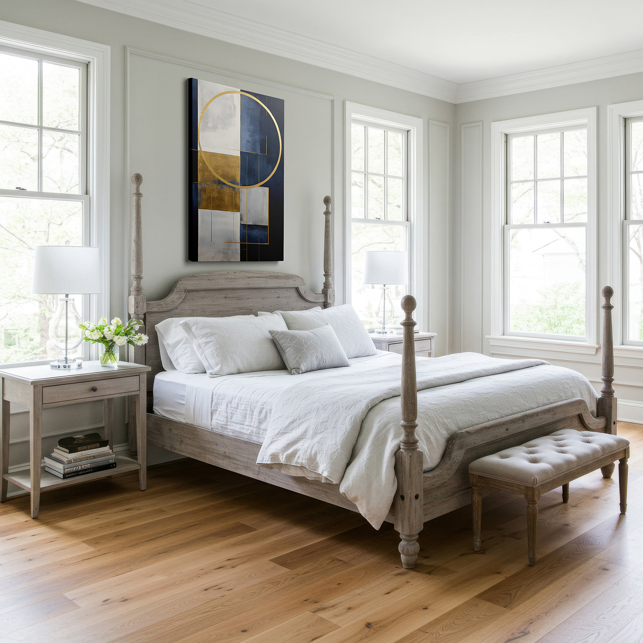 Aligned with a curated gallery wall of abstract artworks — elegant gold and navy geometric patterns on a textured gradient background for a dynamic and sophisticated visual impact large wall art, canvas wall
