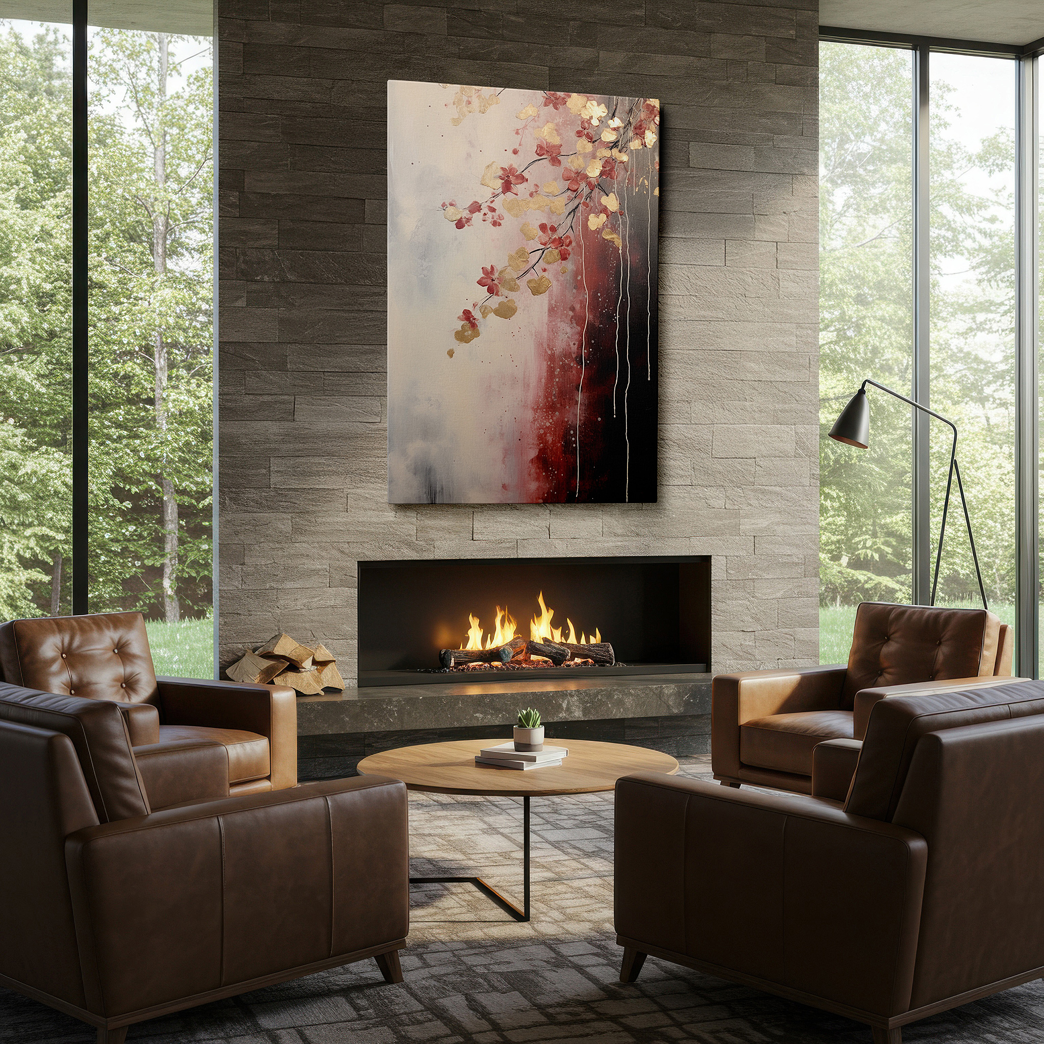 Aligned with a curated gallery wall of abstract artworks — elegant and modern large wall art featuring vibrant red flowers and gold highlights on a dual-toned canvas, perfect for office wall decor