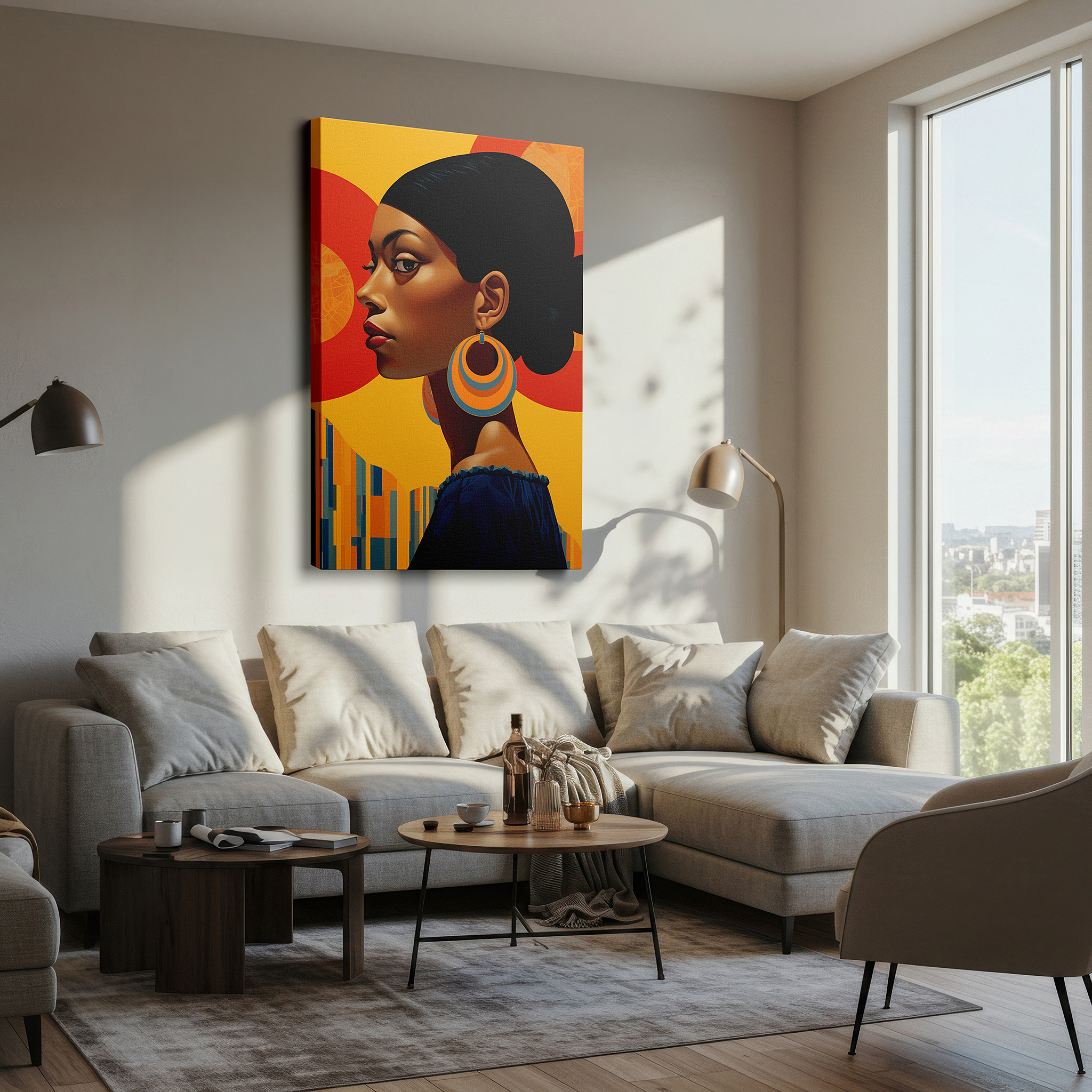 Aligned with a curated gallery wall of abstract artworks — elegant and modern portrait of a confident woman: large wall art, canvas wall art, wall decor for office