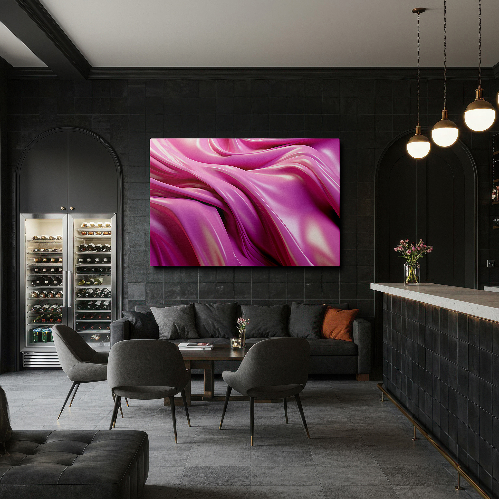Aligned with a curated gallery wall of abstract artworks — elegant pink satin in luxurious flow: a masterpiece of textile art, perfect for large wall decor, canvas art, and office walls