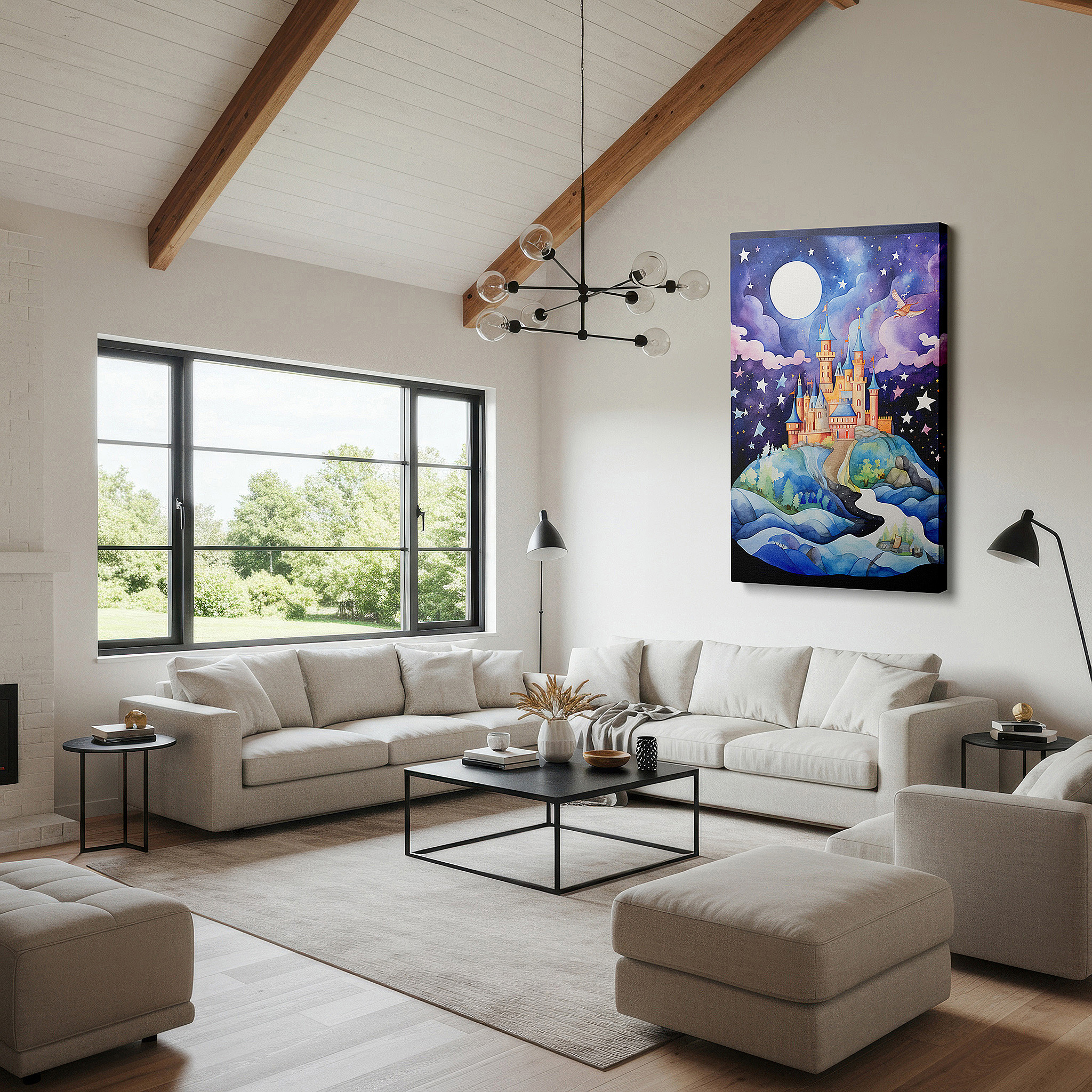 Aligned with a curated gallery wall of abstract artworks — enchanted castle in a starlit realm wall art: fairy tale magic landscape, large canvas art for office and bedroom decor