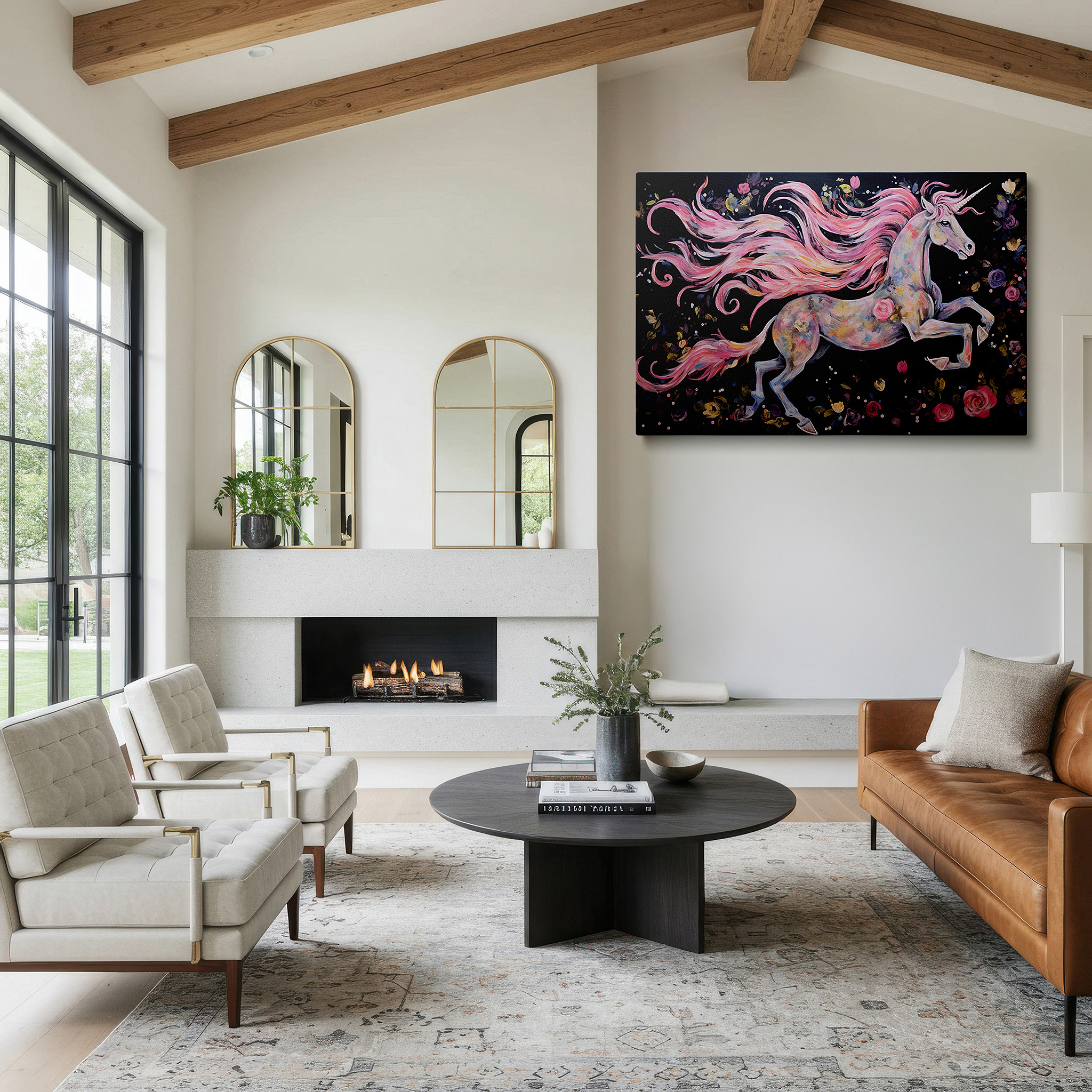 Aligned with a curated gallery wall of abstract artworks — enchanted unicorn in a flower-filled fantasy world: elegant and magical large wall art for office and bedroom decor