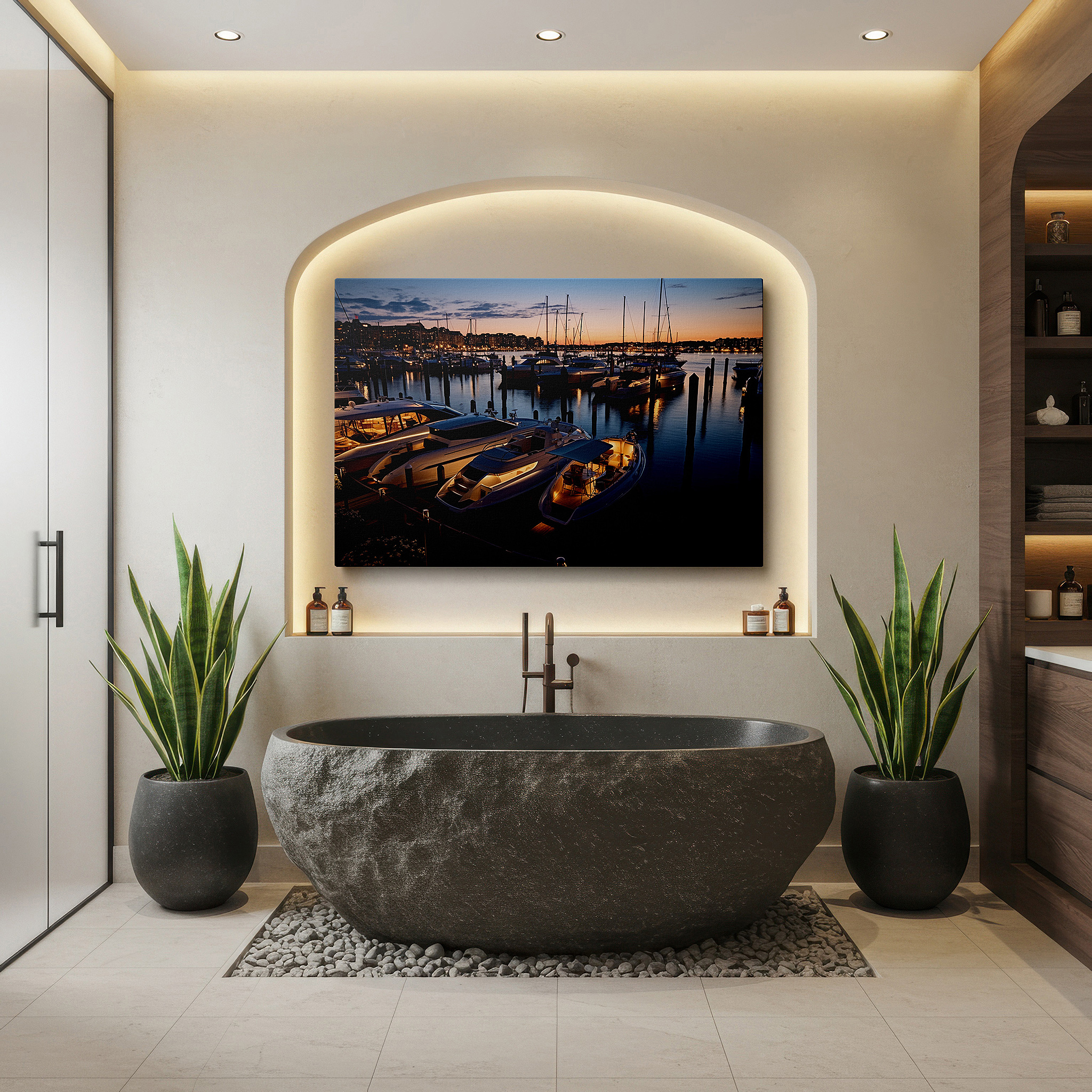 Aligned with a curated gallery wall of abstract artworks — enchanting dusk at the vibrant marina: tranquil evening with glimmering boats and soft lights - large canvas wall art for office decor
