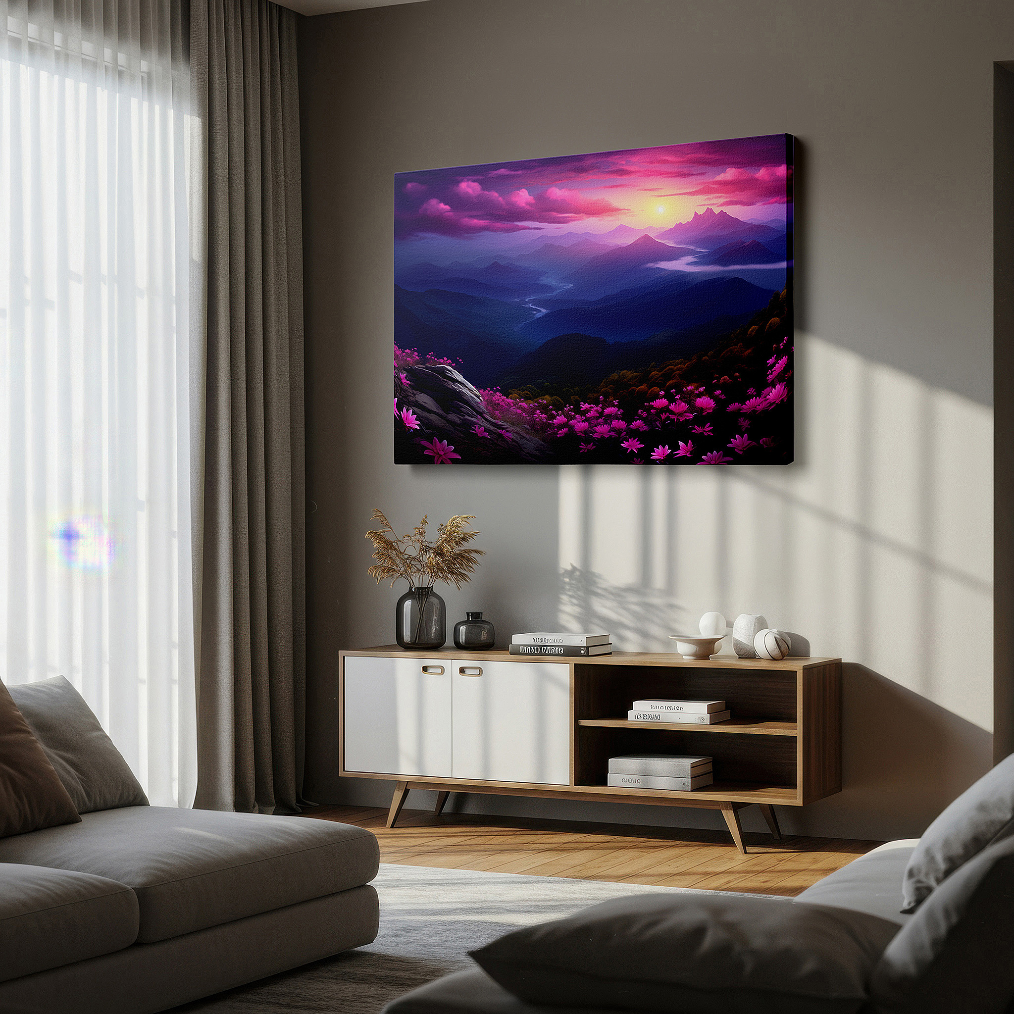 Aligned with a curated gallery wall of abstract artworks — enchanting floral landscape with stunning sunset - large canvas wall art for home and office decor
