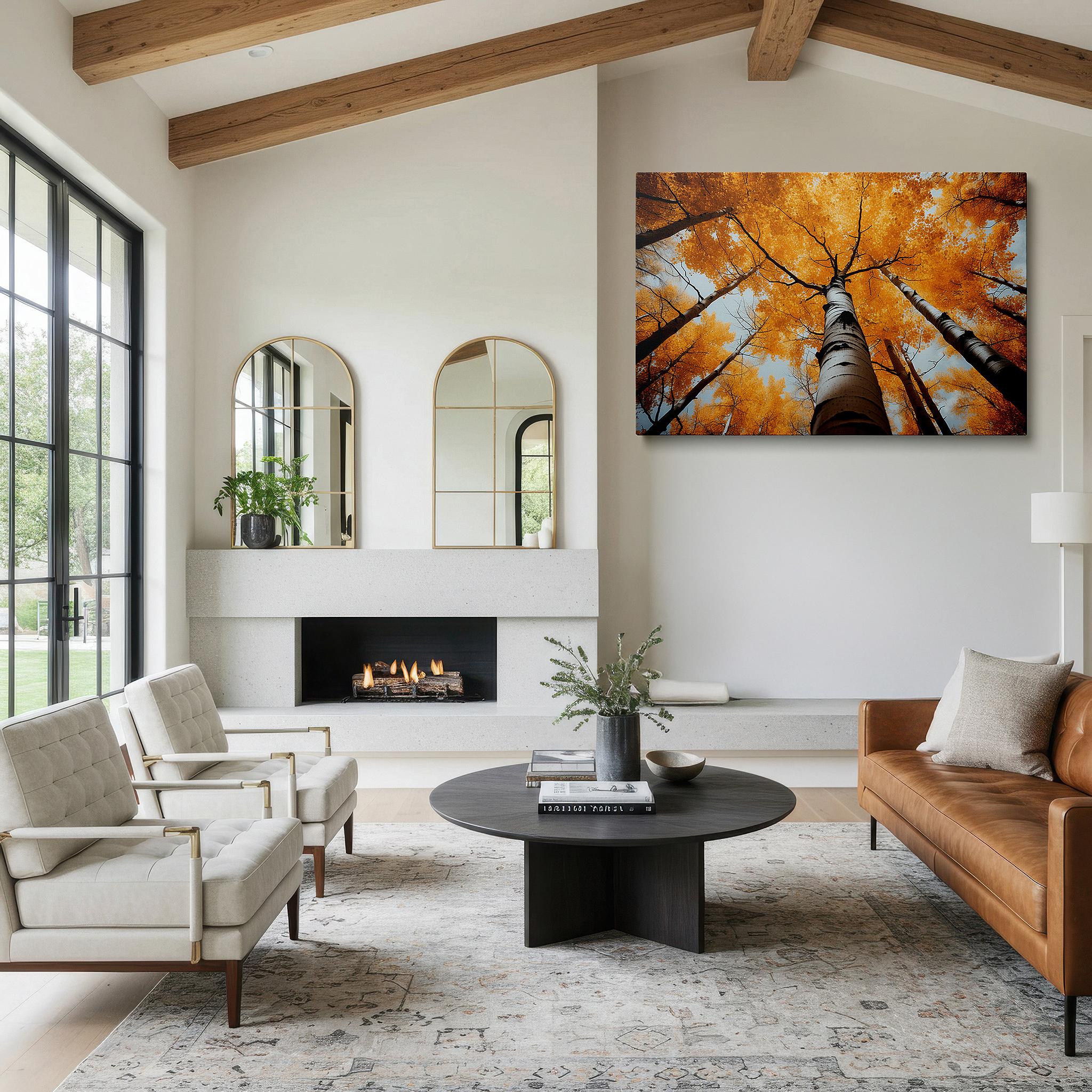 Aligned with a curated gallery wall of abstract artworks — golden autumn canopy - enchanting forest view large wall art, canvas wall art, wall decor for office and bedroom