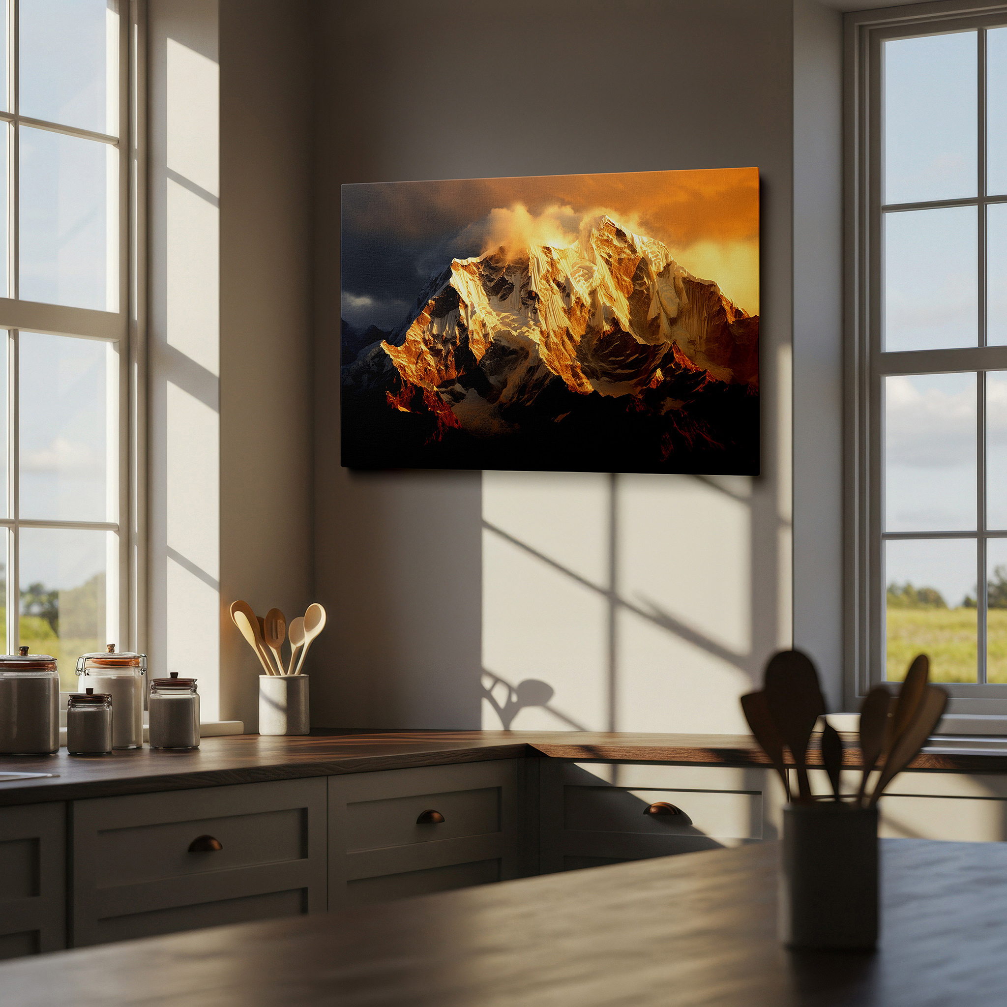 Aligned with a curated gallery wall of abstract artworks — golden light on majestic peaks: a striking display of nature's splendor, large canvas wall art for home and office decor