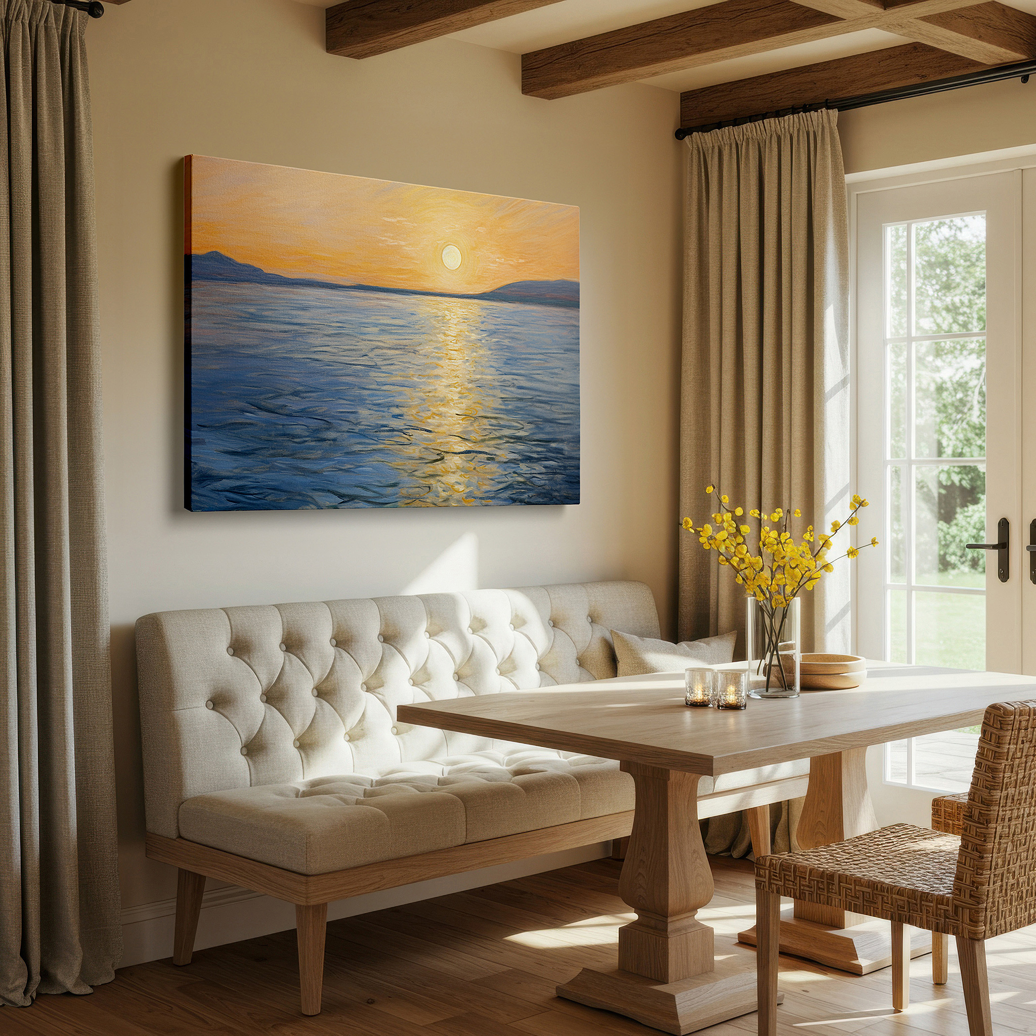 Aligned with a curated gallery wall of abstract artworks — golden sunset over tranquil sea - experience serenity with nature's splendor large wall art, canvas wall art, wall decor for office and bedroom