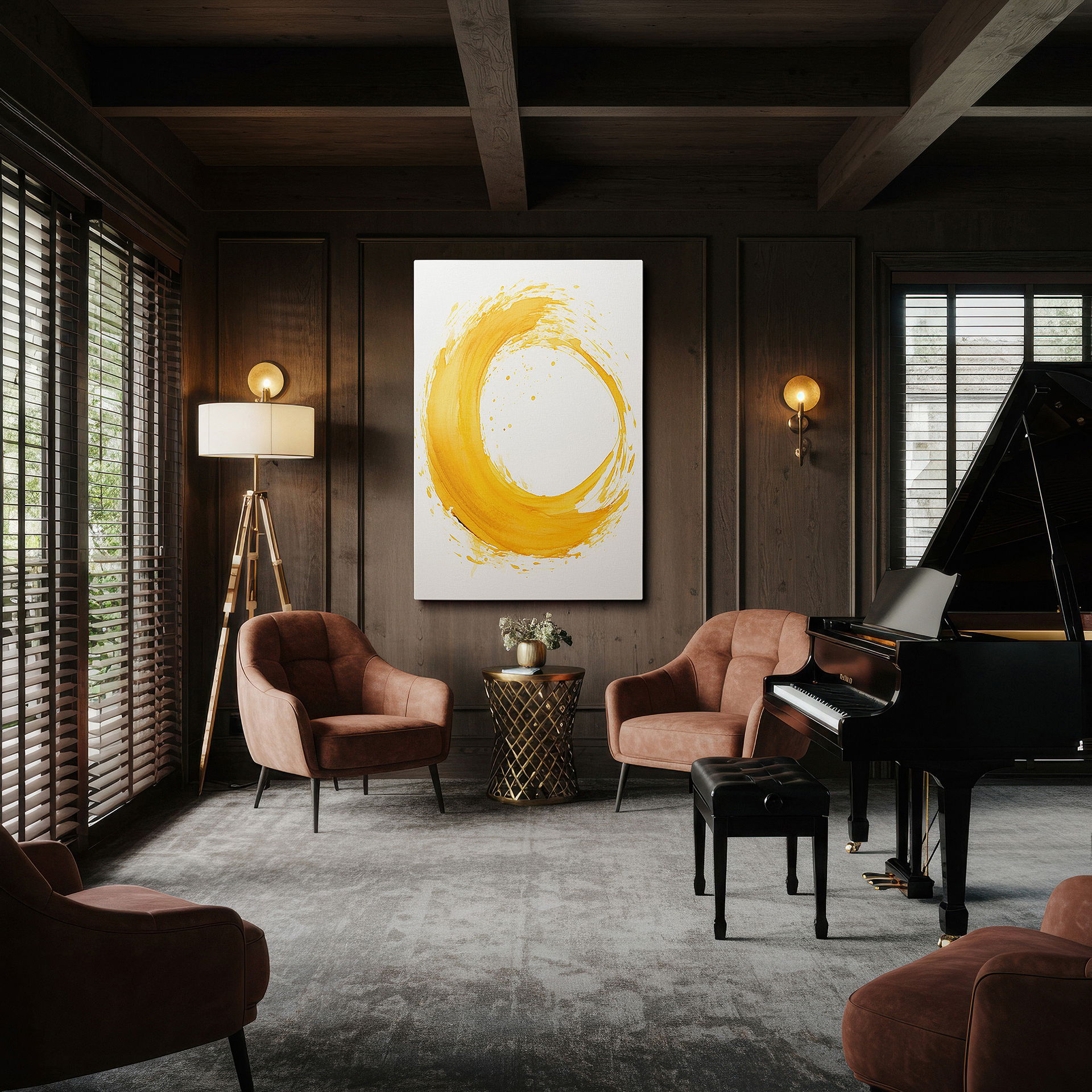 Aligned with a curated gallery wall of abstract artworks — golden swirl of energy and creativity: a vibrant beacon of positivity - large canvas wall art for office and bedroom decor