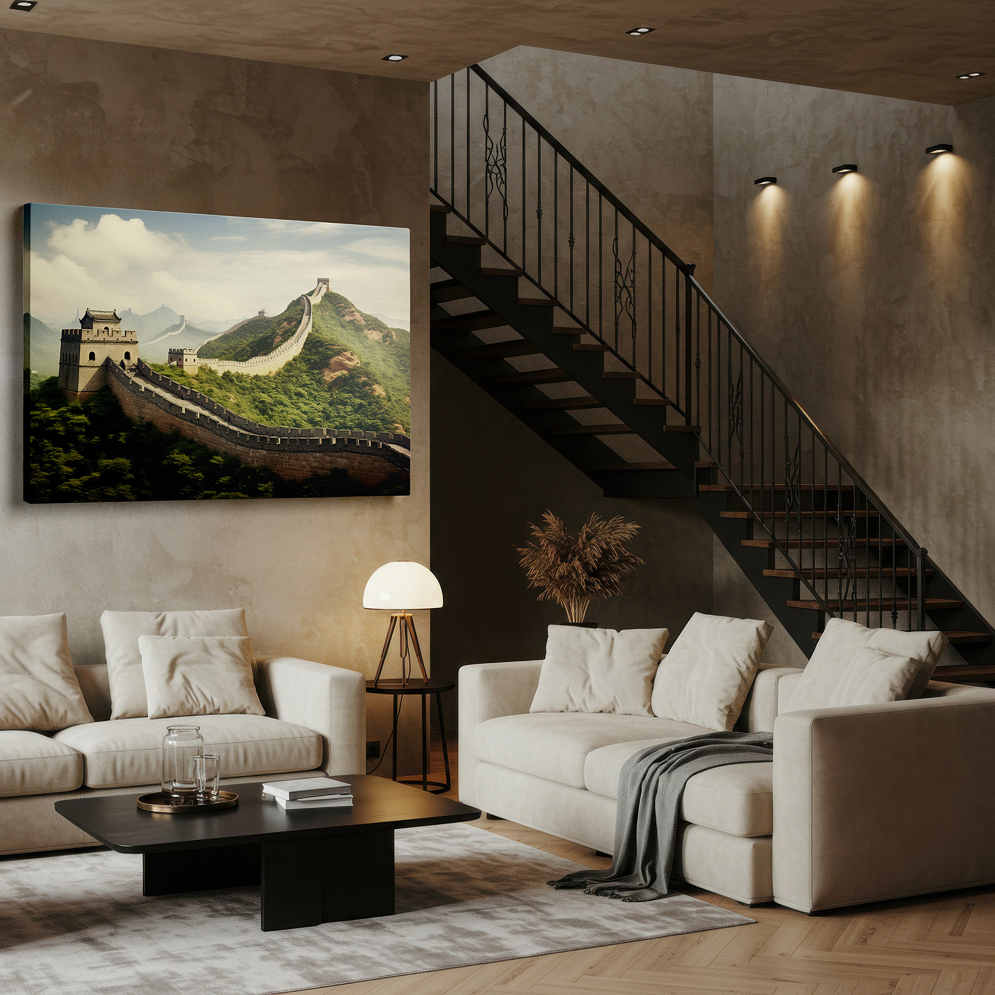 Aligned with a curated gallery wall of abstract artworks — great wall of china canvas art - emblem of resilience and ingenuity, ideal for office and bedroom decor