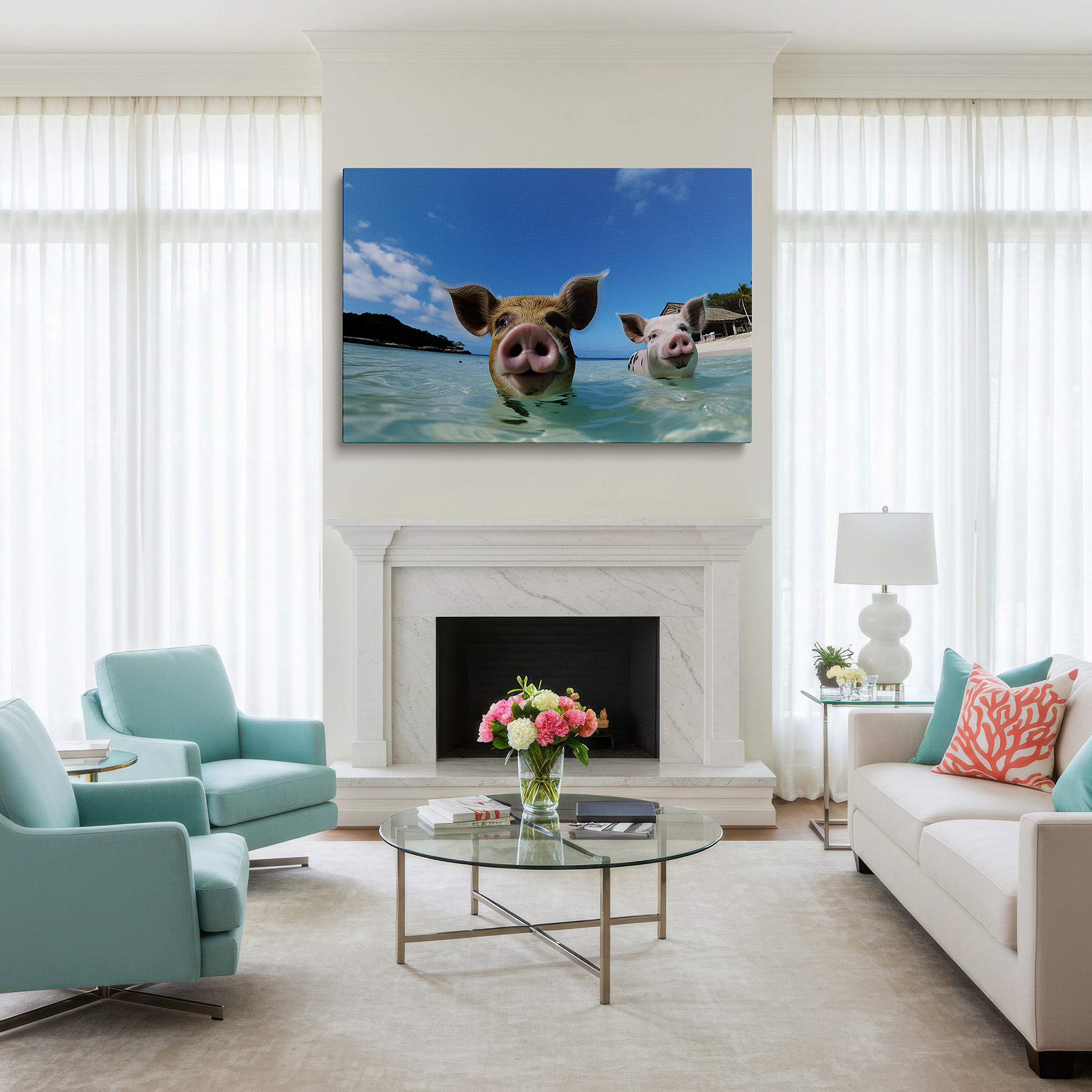 Aligned with a curated gallery wall of abstract artworks — joyful piglets playing in tropical waters beneath a blue sky - large canvas wall art for office, bedroom, and living room decor