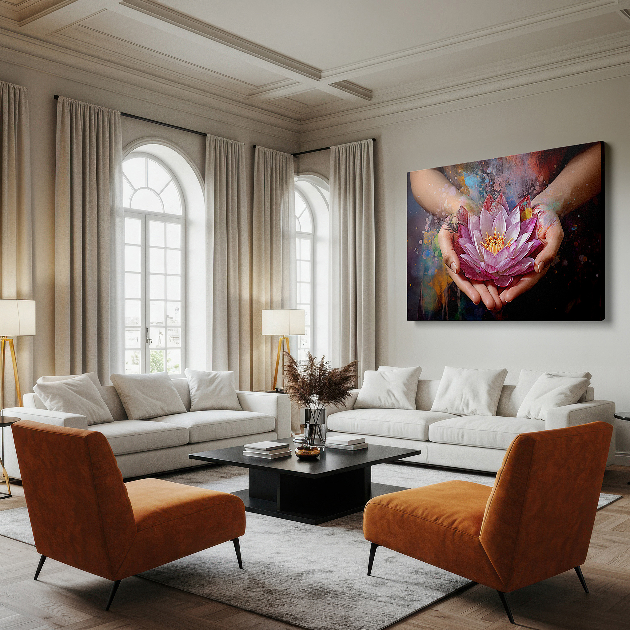Aligned with a curated gallery wall of abstract artworks — large wall art canvas depicting hands cradling a lotus in a symbolic dance of purity and rebirth, highlighting the connection between humanity and nature