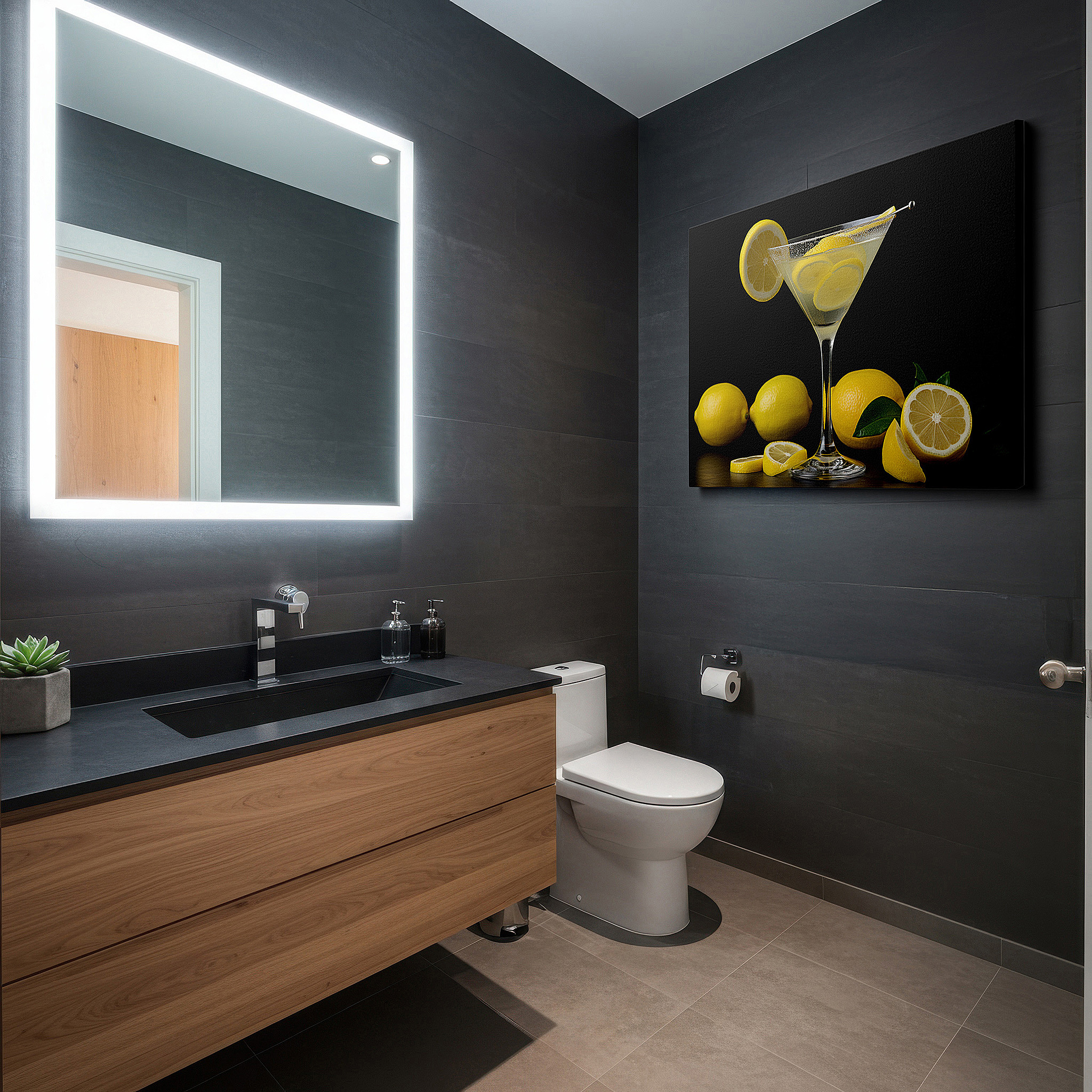Aligned with a curated gallery wall of abstract artworks — lemon martini wall art: vibrant masterpiece with a dark, mysterious backdrop - large canvas art for office and bedroom decor