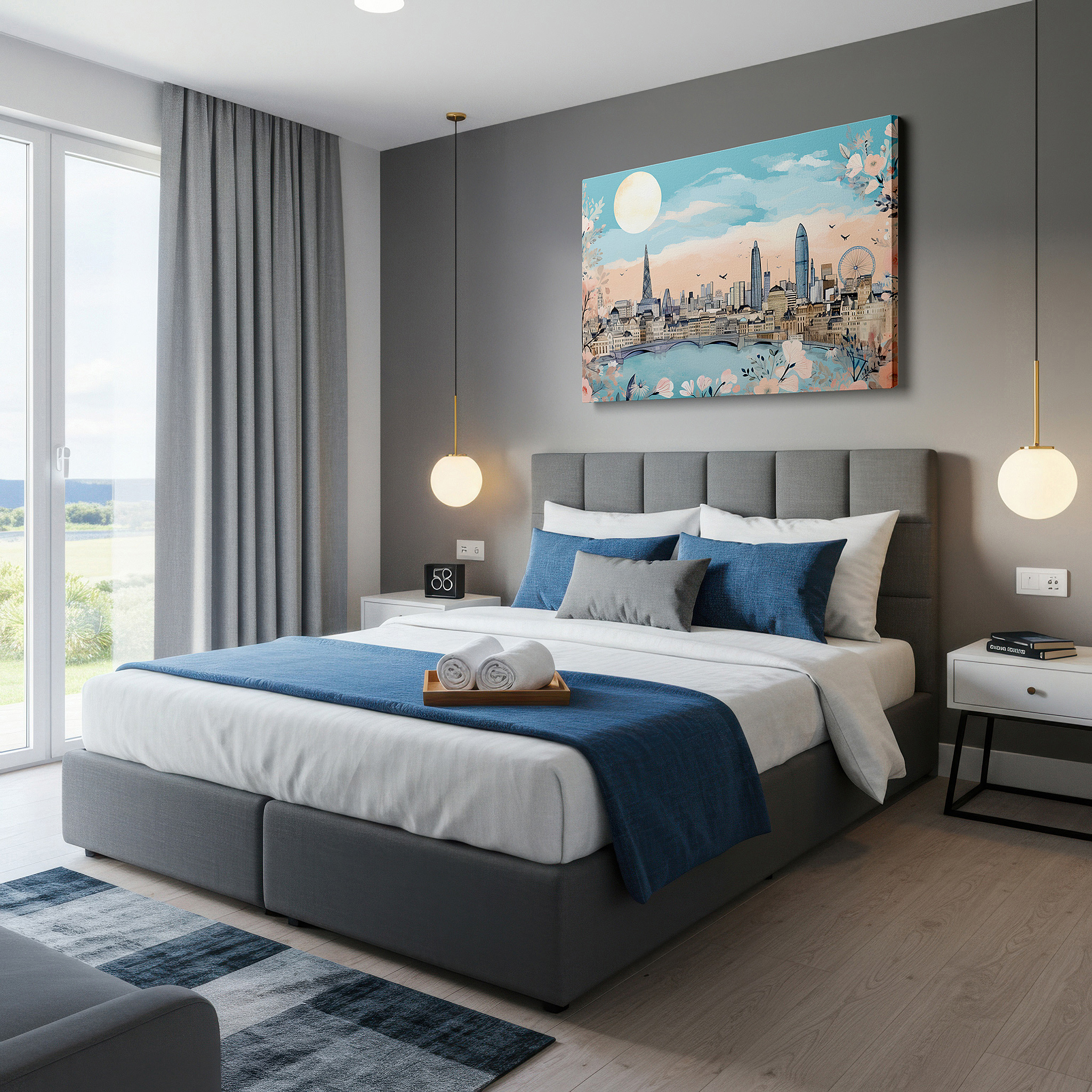 Aligned with a curated gallery wall of abstract artworks — london's skyline and nature's charm: a perfect fusion of urban splendor and botanical peace - large wall art, canvas wall art, wall decor