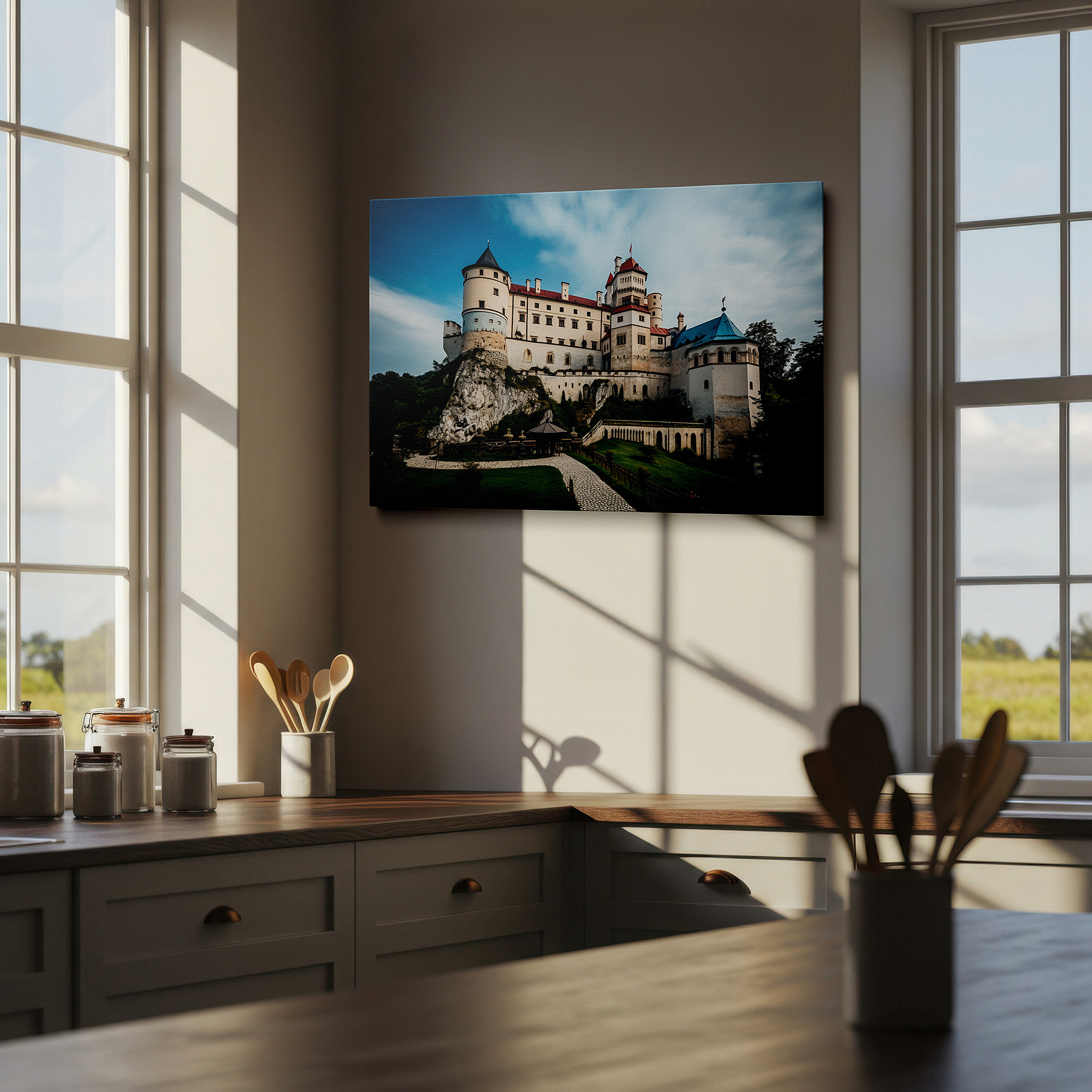 Aligned with a curated gallery wall of abstract artworks — majestic castle on a cliff surrounded by lush greenery under a bright sky - large canvas wall art for home and office decor